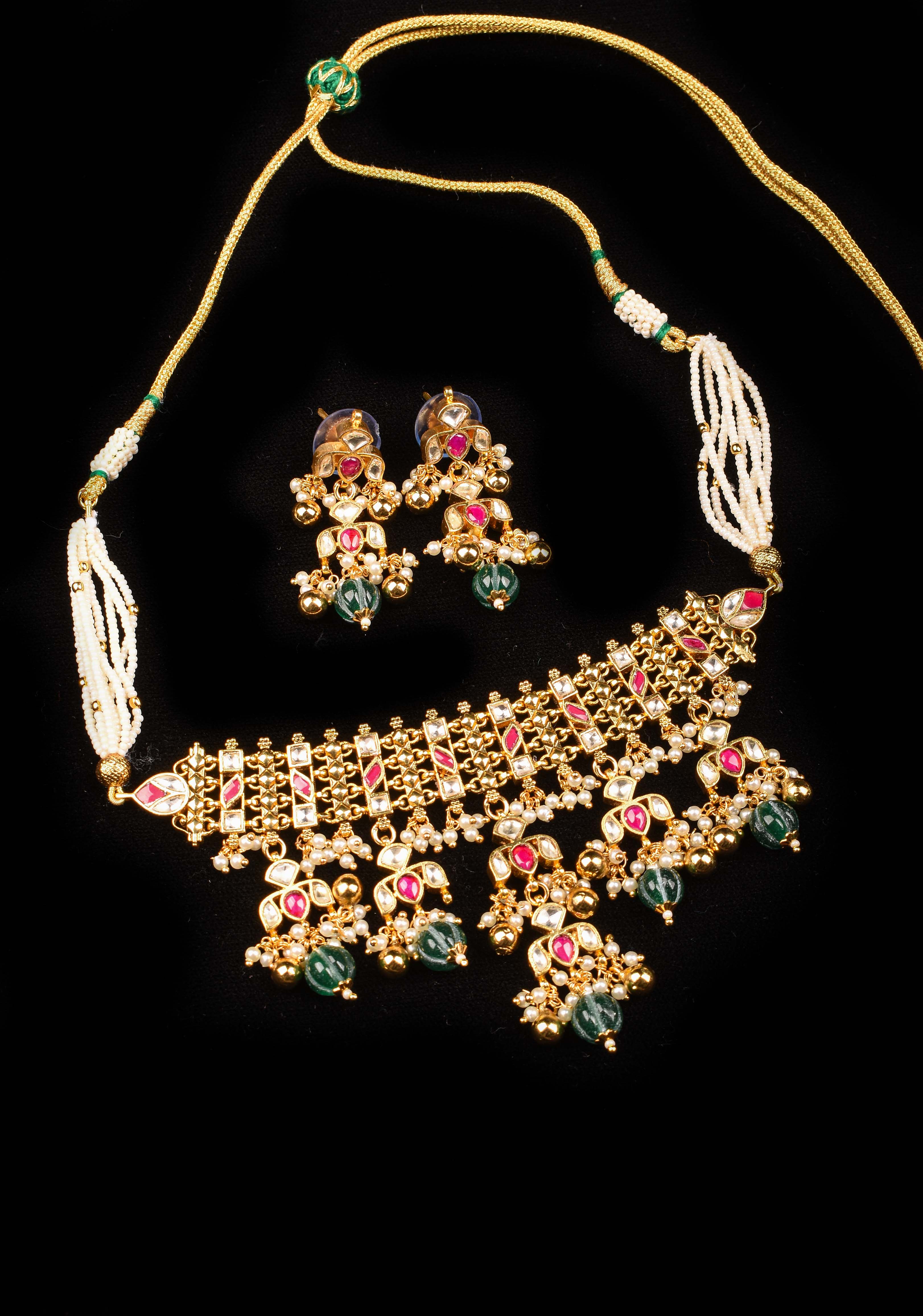 Antique Multistrand Gold Tone Flexible Floral design Simple Necklace Set with green dangling beads | Shobitam
