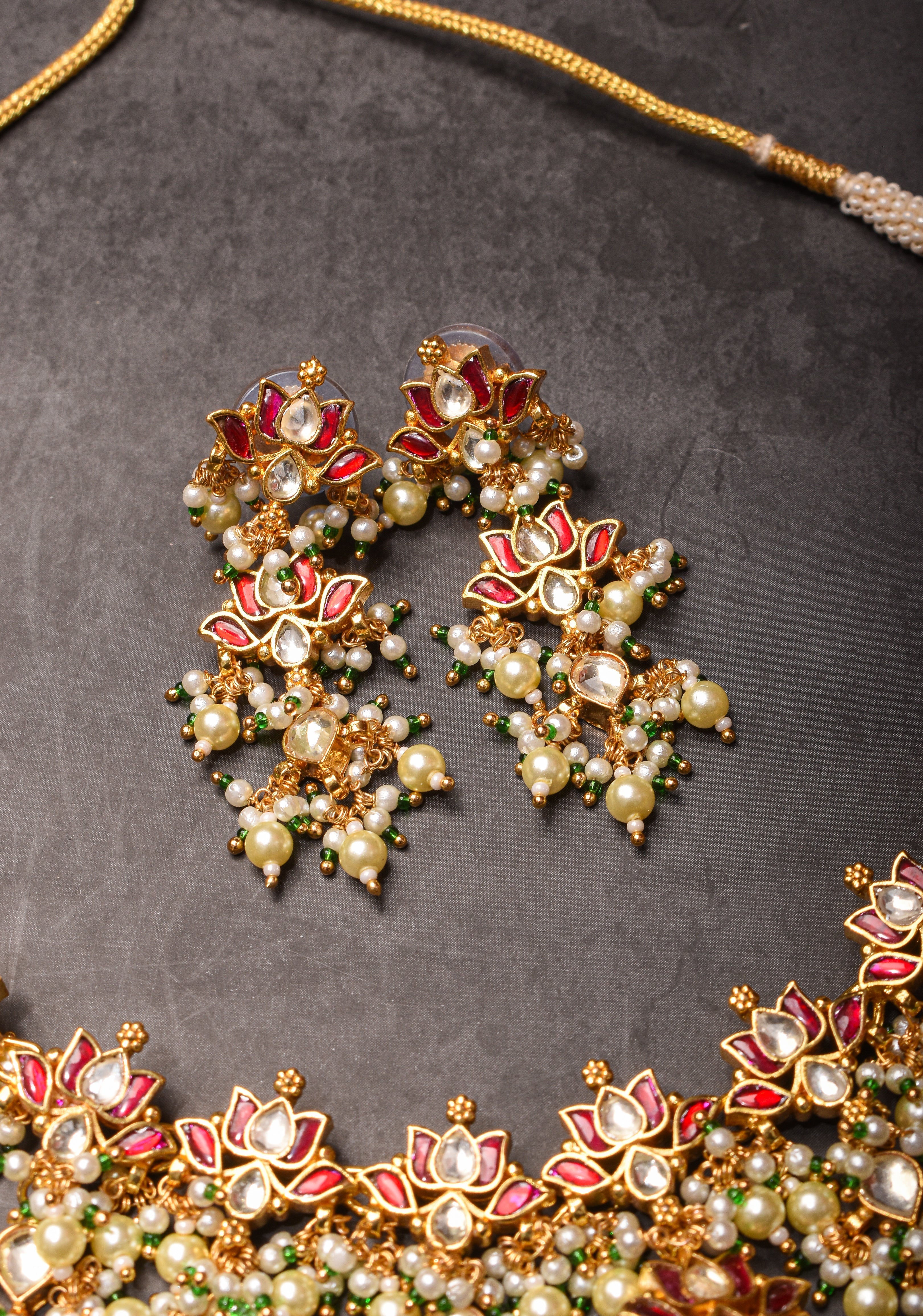 Blooming Lotus Design Necklace Set in Pink and Dangling Pearls | Shobitam
