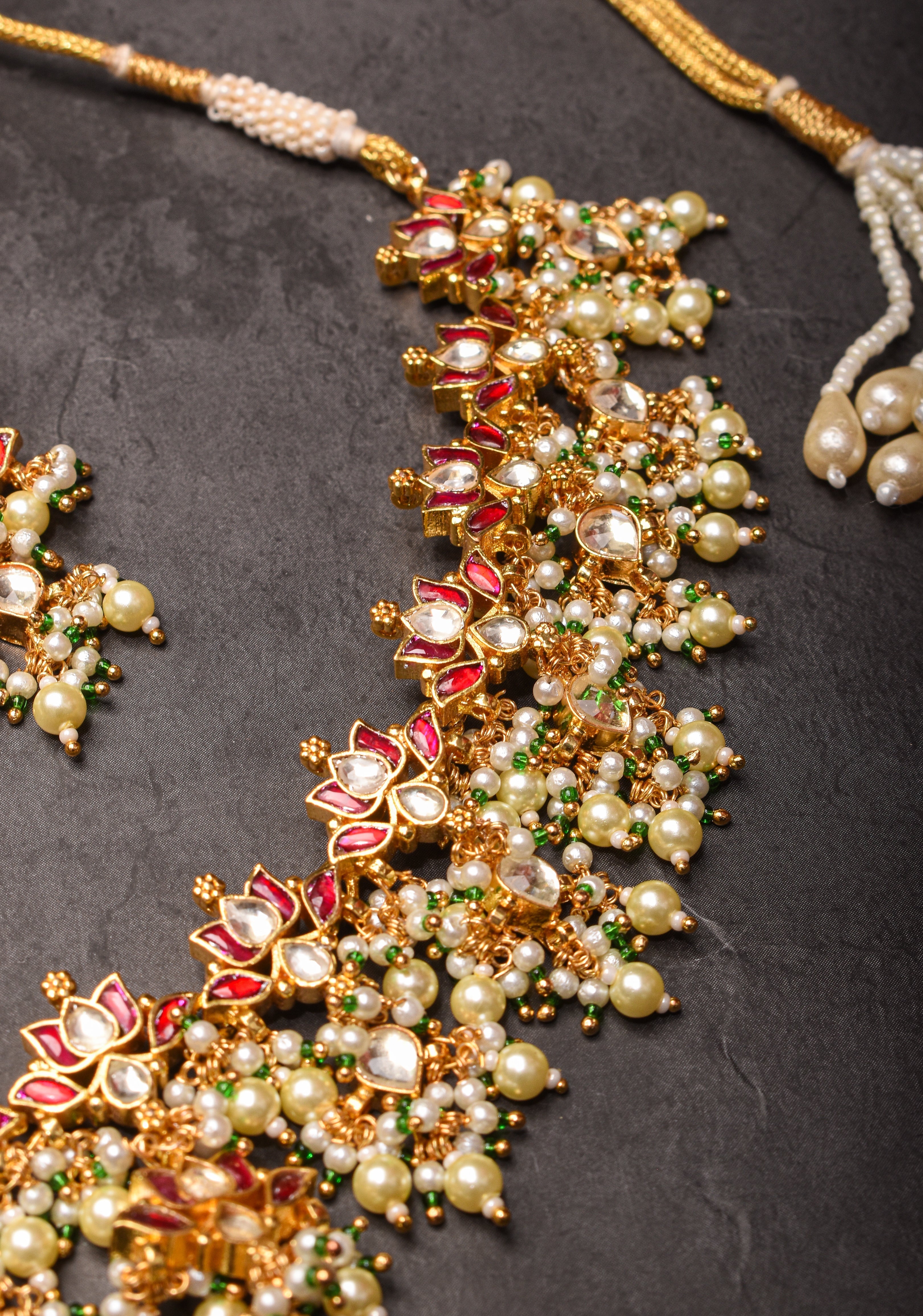 Blooming Lotus Design Necklace Set in Pink and Dangling Pearls | Shobitam