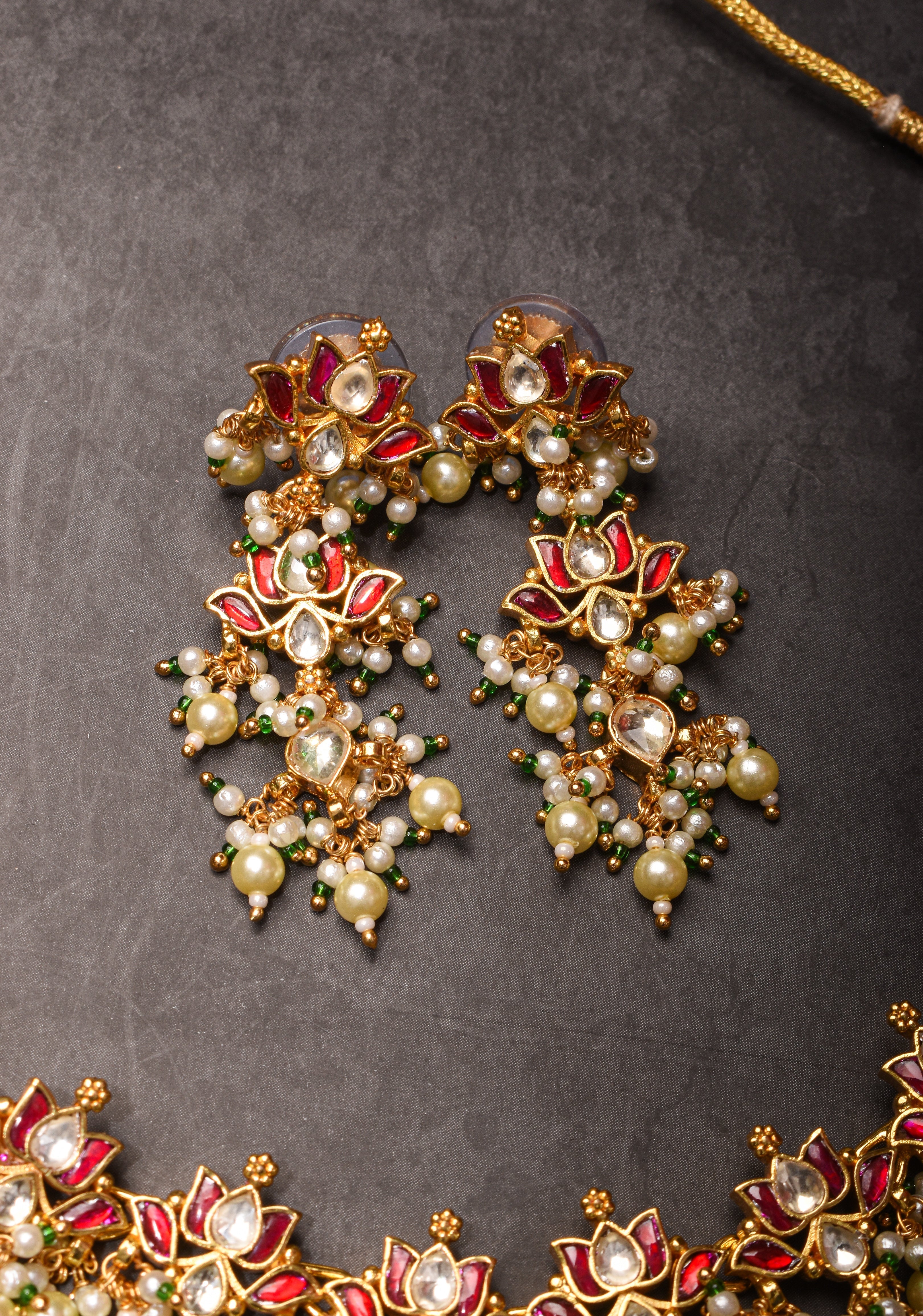 Blooming Lotus Design Necklace Set in Pink and Dangling Pearls | Shobitam