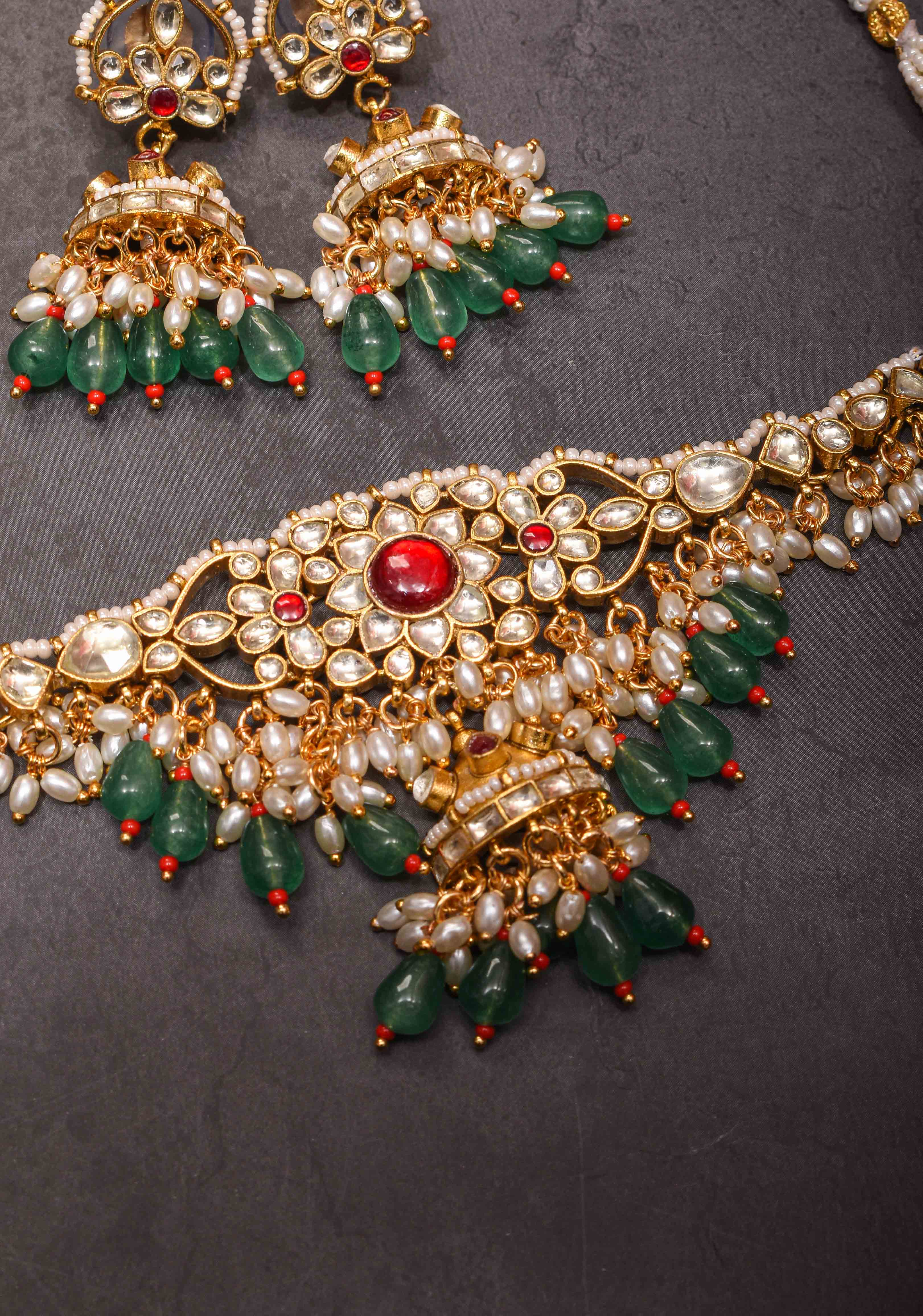kundan necklace set with dangling pearl  | Shobitam Jewelry