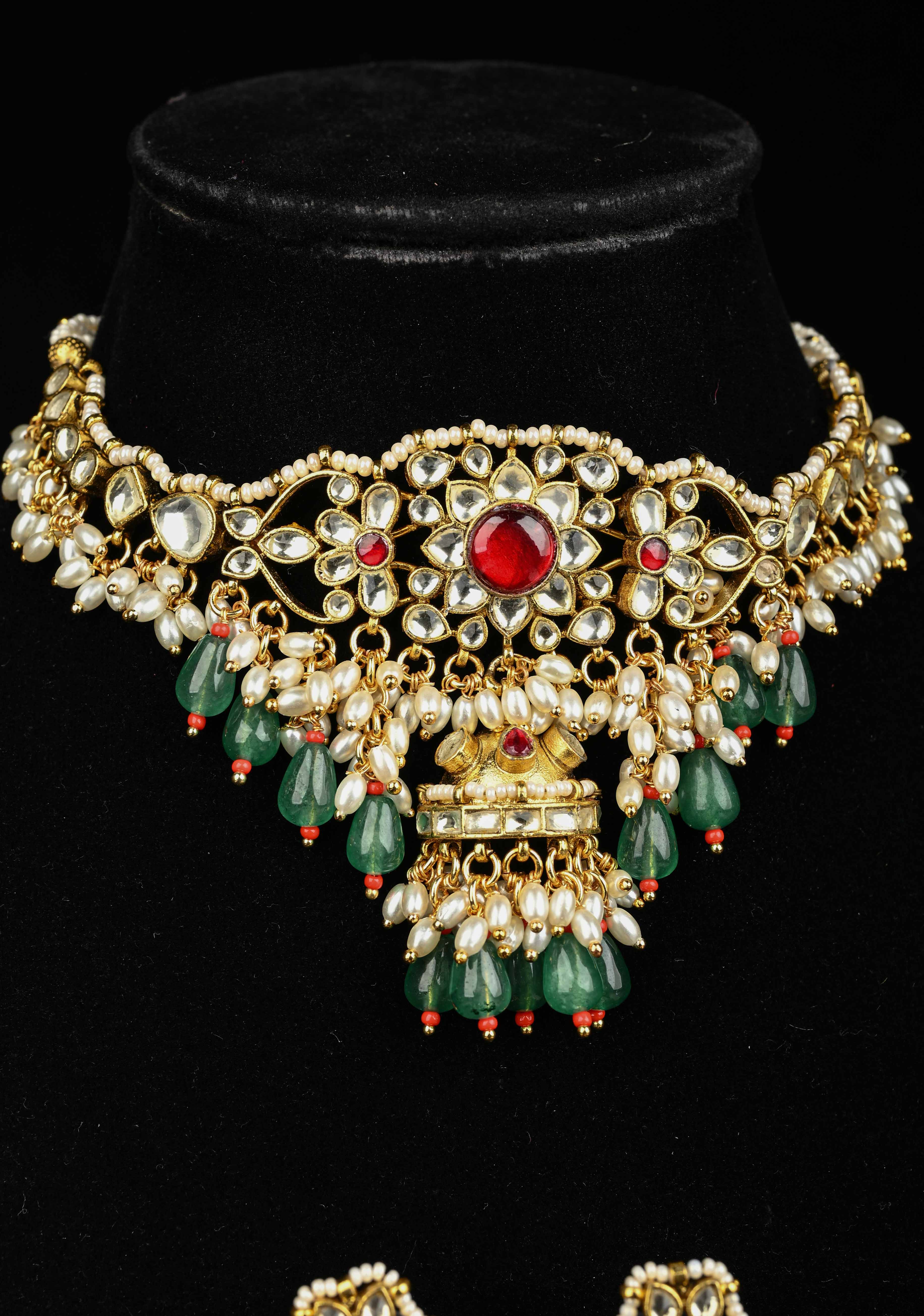 Ahmedabadi kundan multistrand necklace set with Floral Pendant and sage green dangling beads and pearls | SHOBITAM
