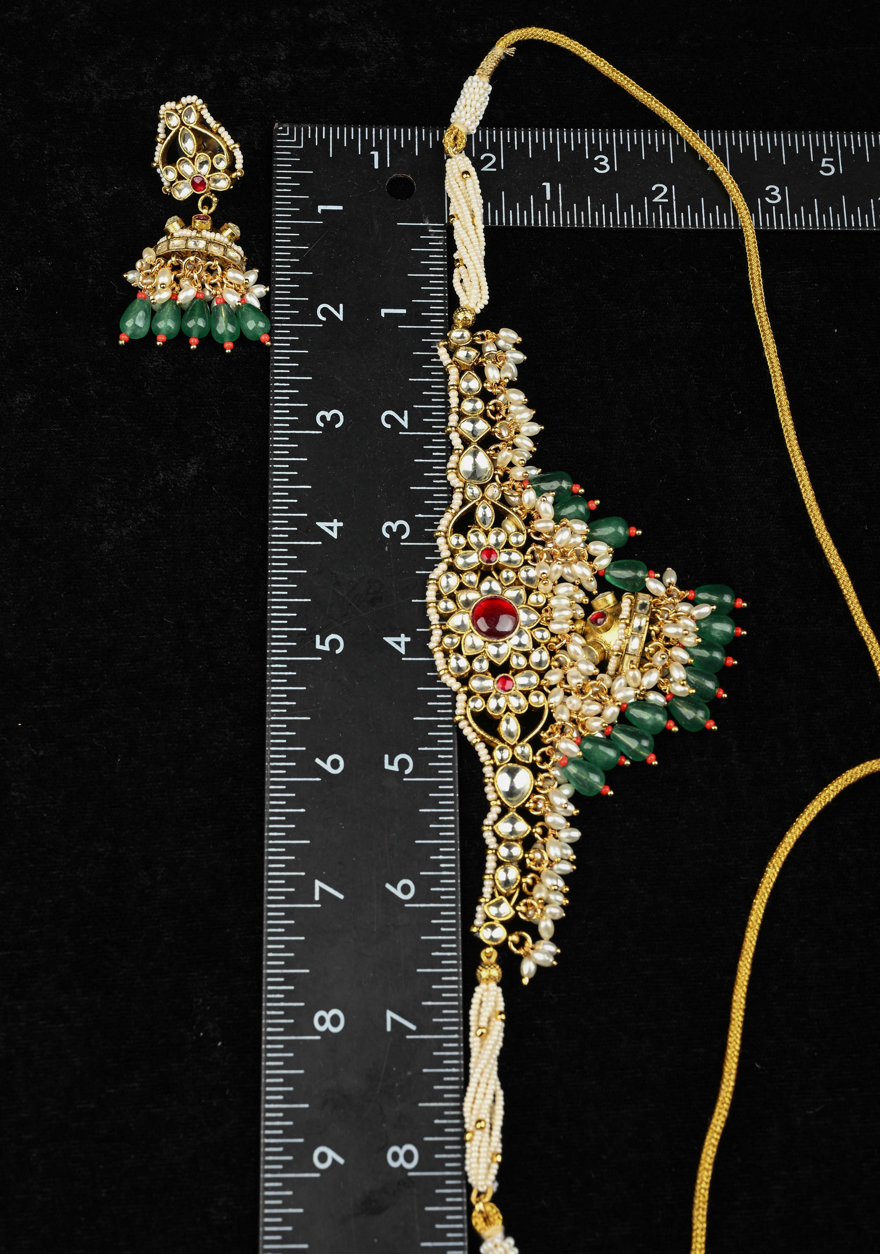 Ahmedabadi kundan multistrand necklace set with Floral Pendant and sage green dangling beads and pearls | SHOBITAM