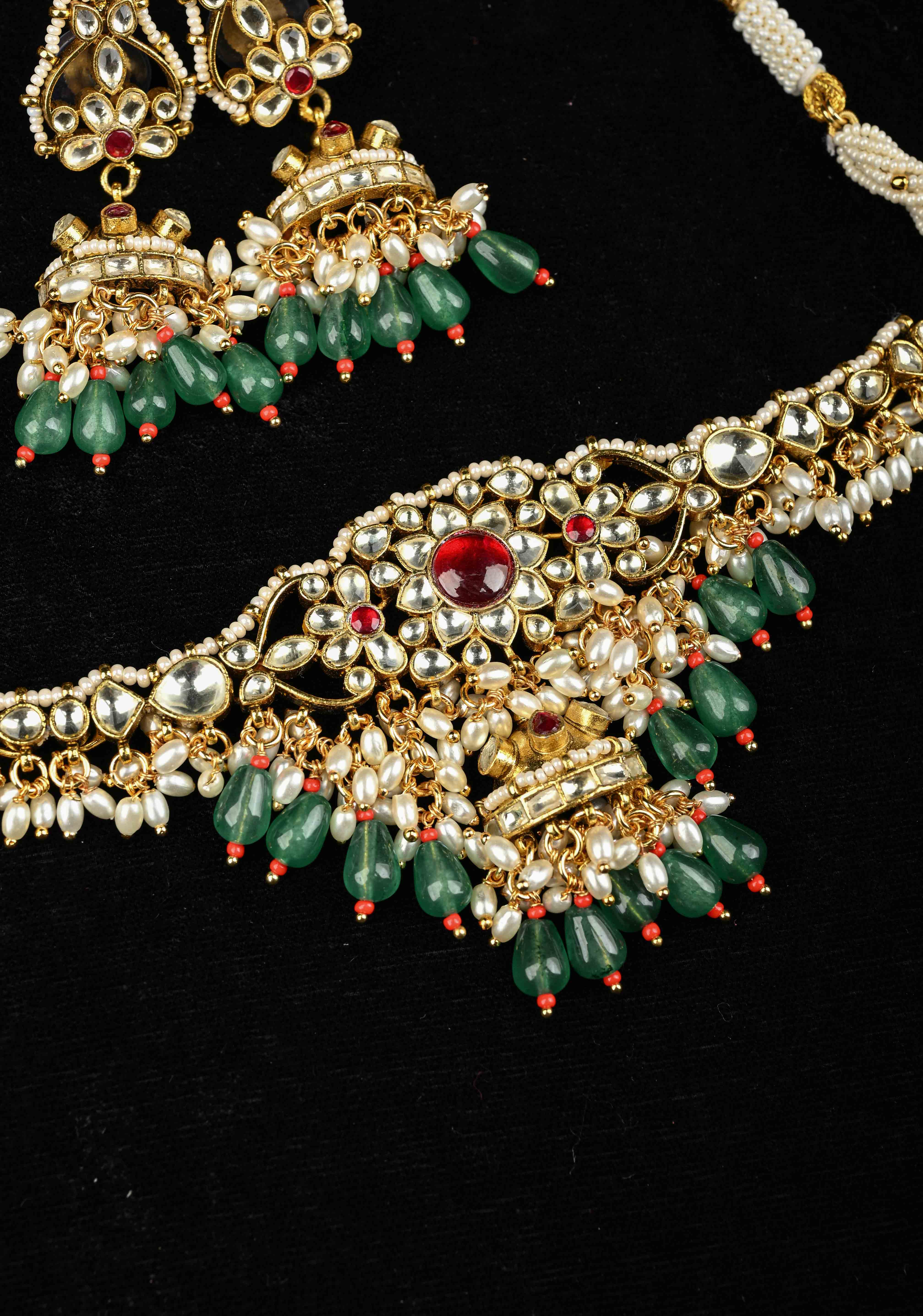 Ahmedabadi kundan multistrand necklace set with Floral Pendant and sage green dangling beads and pearls | SHOBITAM