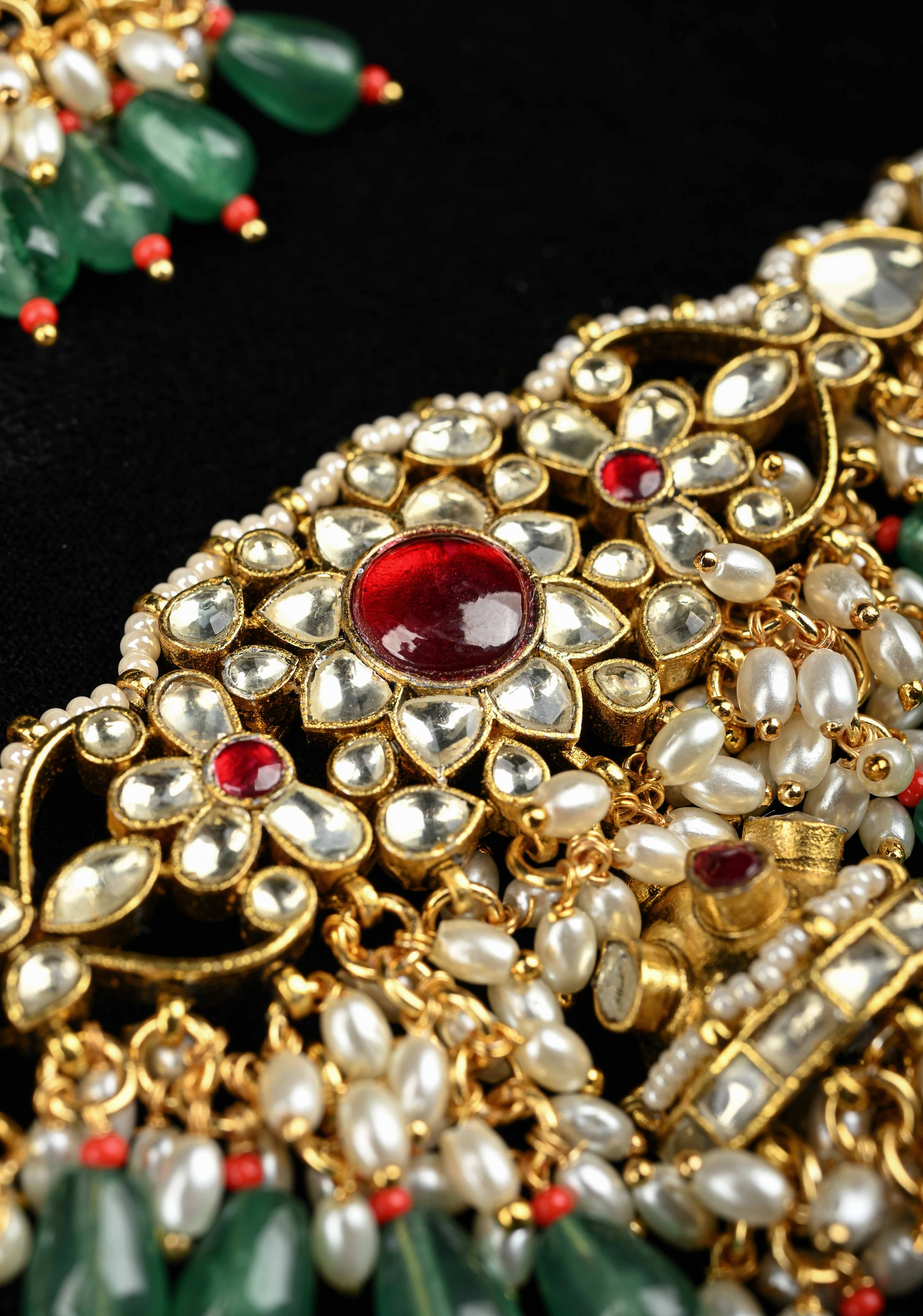Ahmedabadi kundan multistrand necklace set with Floral Pendant and sage green dangling beads and pearls | SHOBITAM