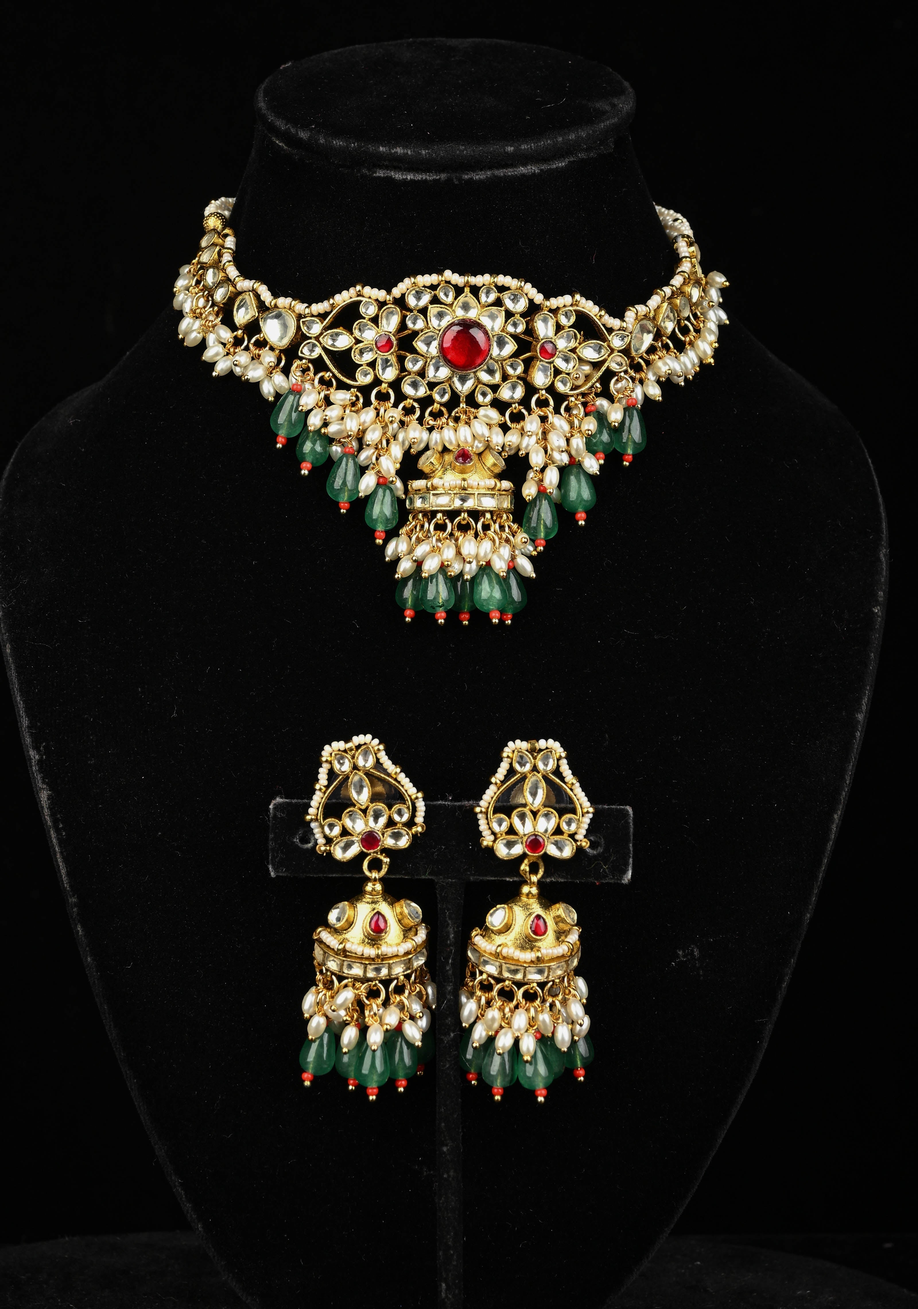 Ahmedabadi kundan multistrand necklace set with Floral Pendant and sage green dangling beads and pearls | SHOBITAM