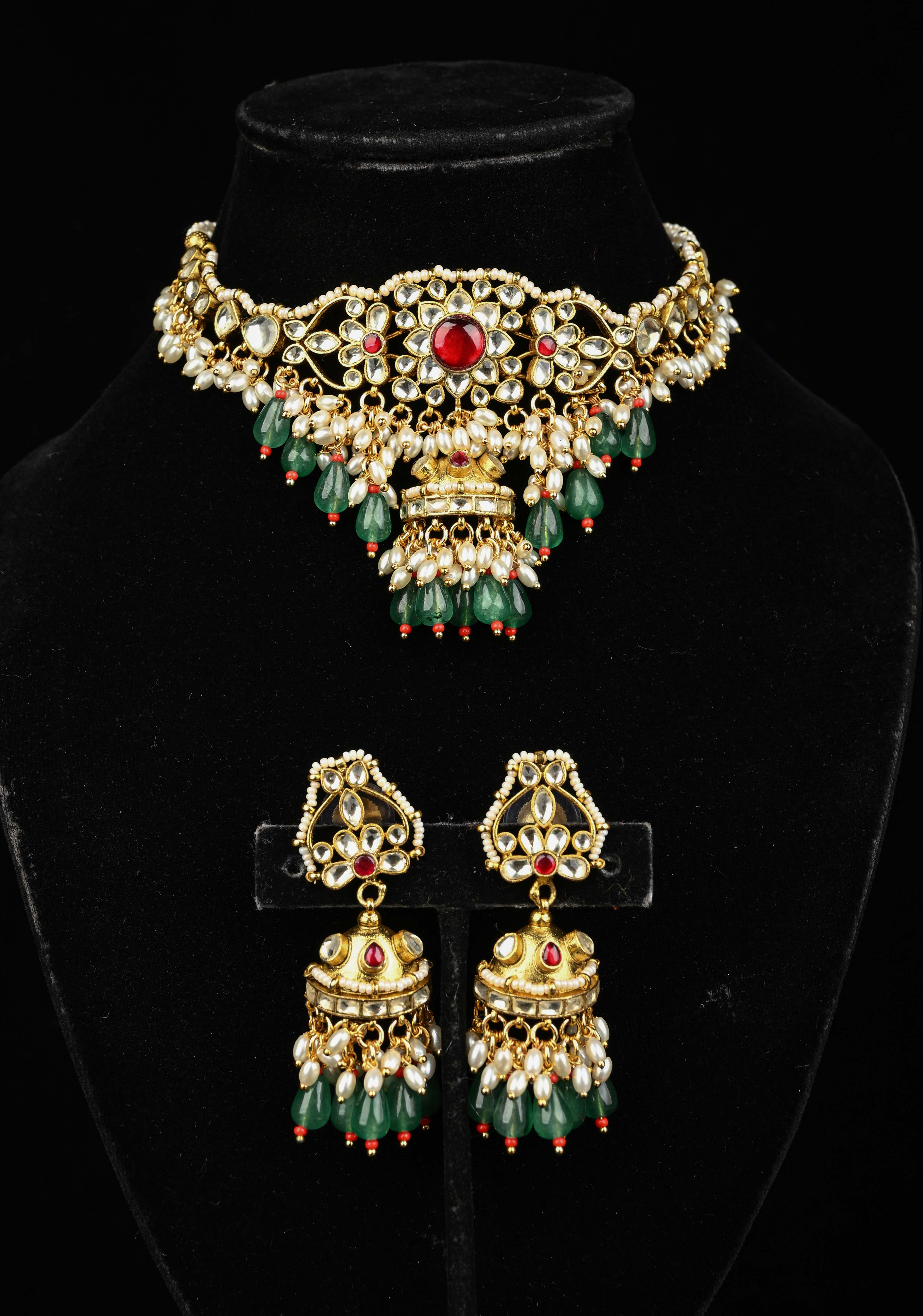 Ahmedabadi kundan multistrand necklace set with Floral Pendant and sage green dangling beads and pearls | SHOBITAM