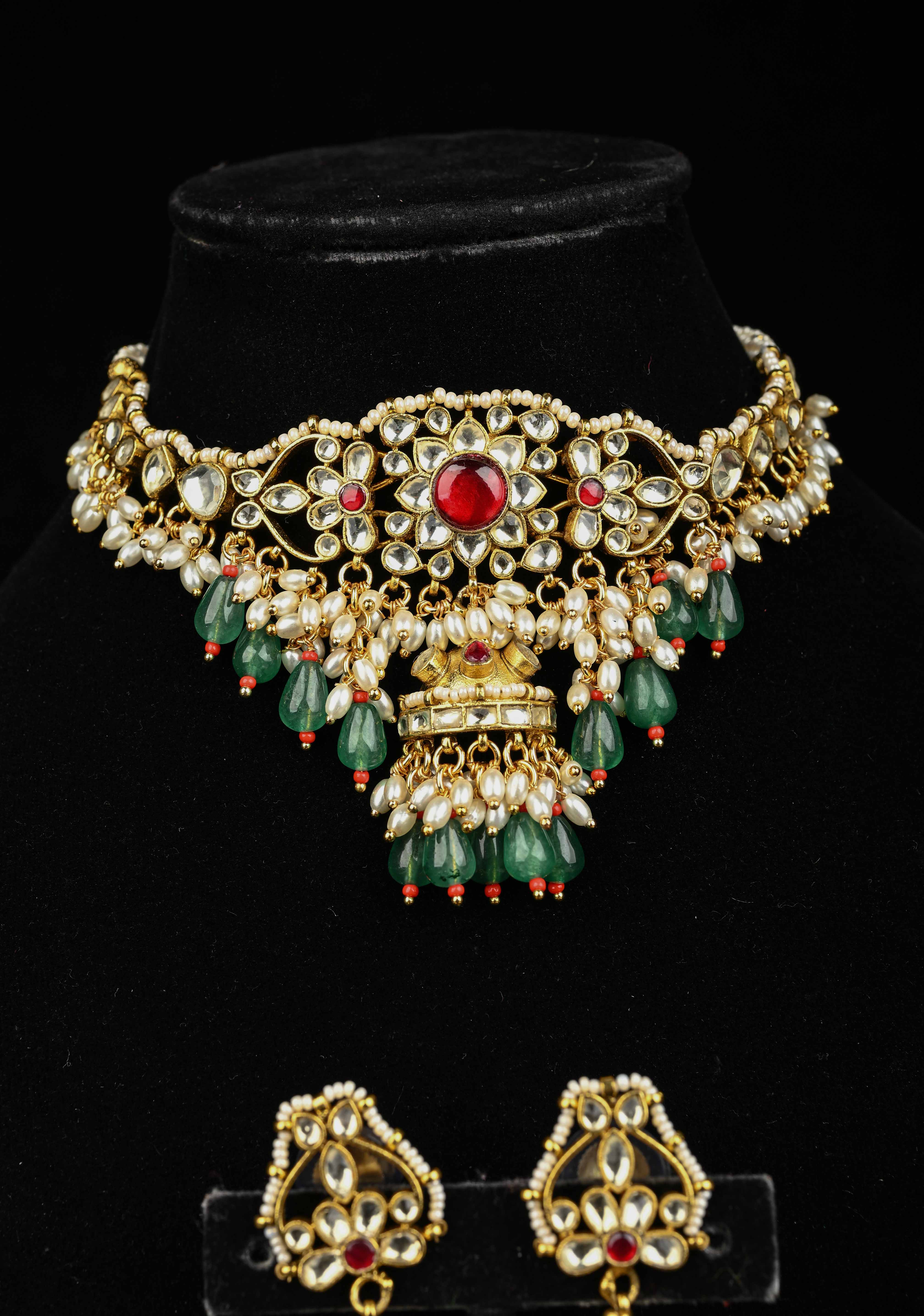 Ahmedabadi kundan multistrand necklace set with Floral Pendant and sage green dangling beads and pearls | SHOBITAM