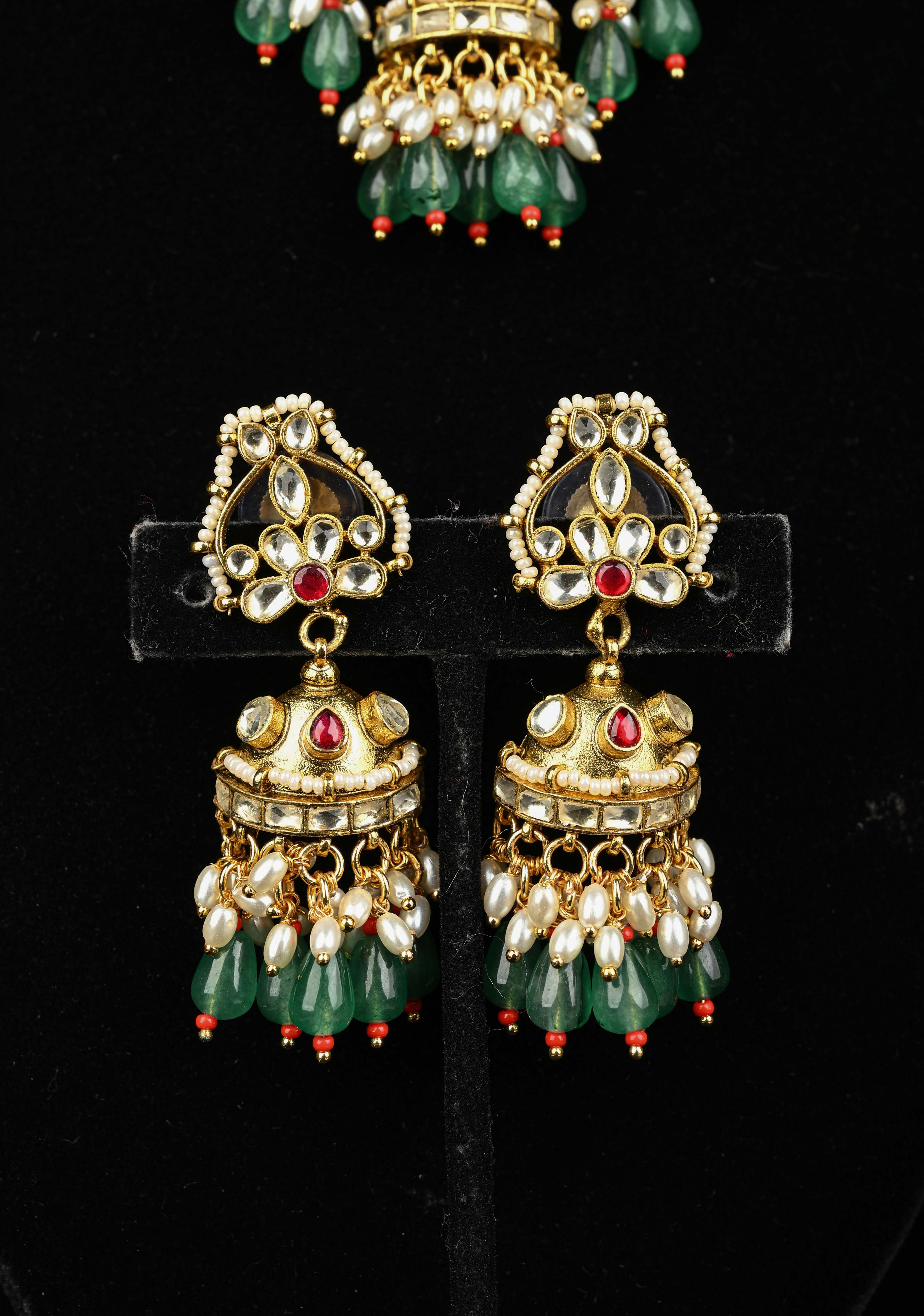 Ahmedabadi kundan multistrand necklace set with Floral Pendant and sage green dangling beads and pearls | SHOBITAM