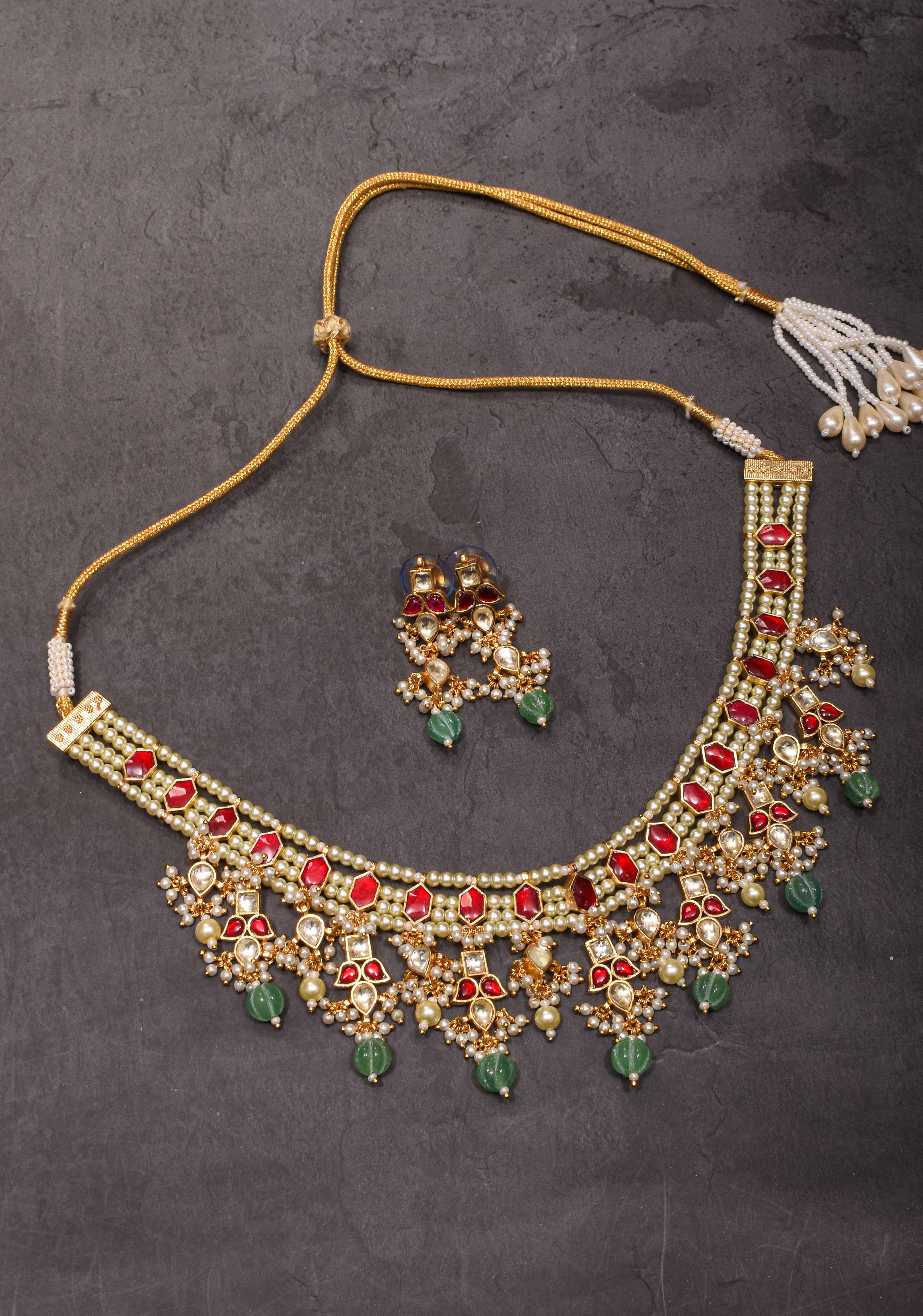 Red stone Necklale Set with dangling Beads | Shobitam Jewelry
