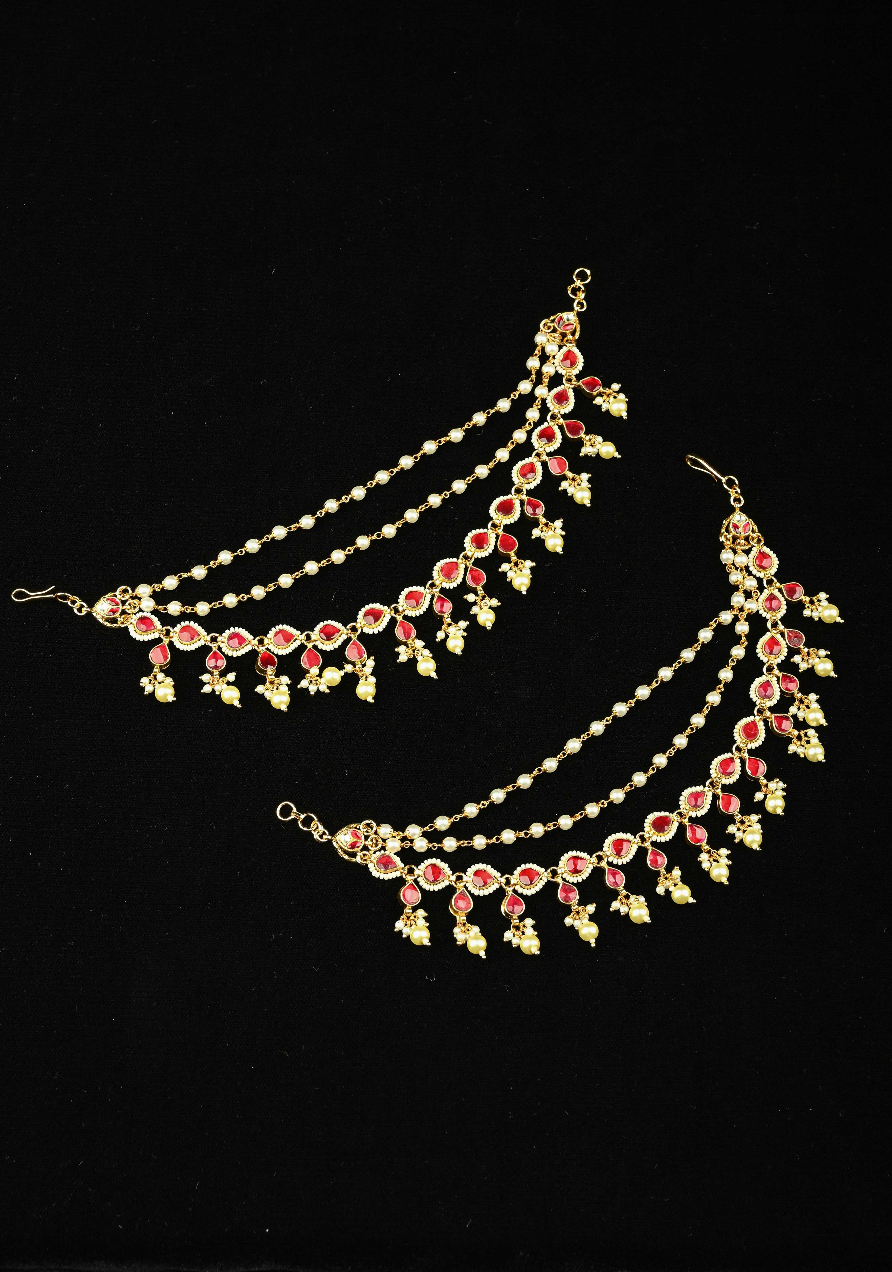 Contemporary 3 Layered Pearl Ear Chain  with Red stone | Shobitam