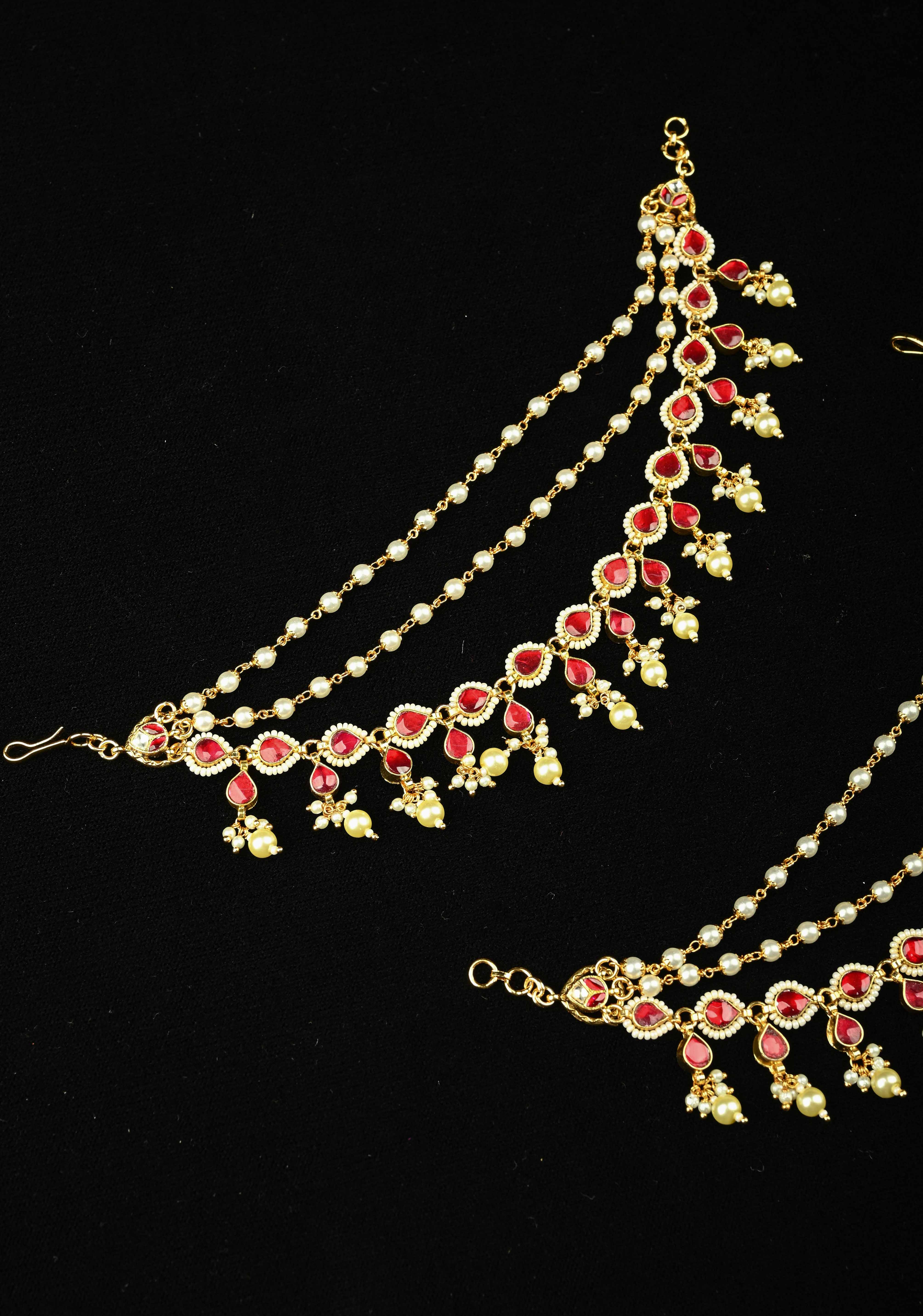 Contemporary 3 Layered Pearl Ear Chain  with Red stone | Shobitam