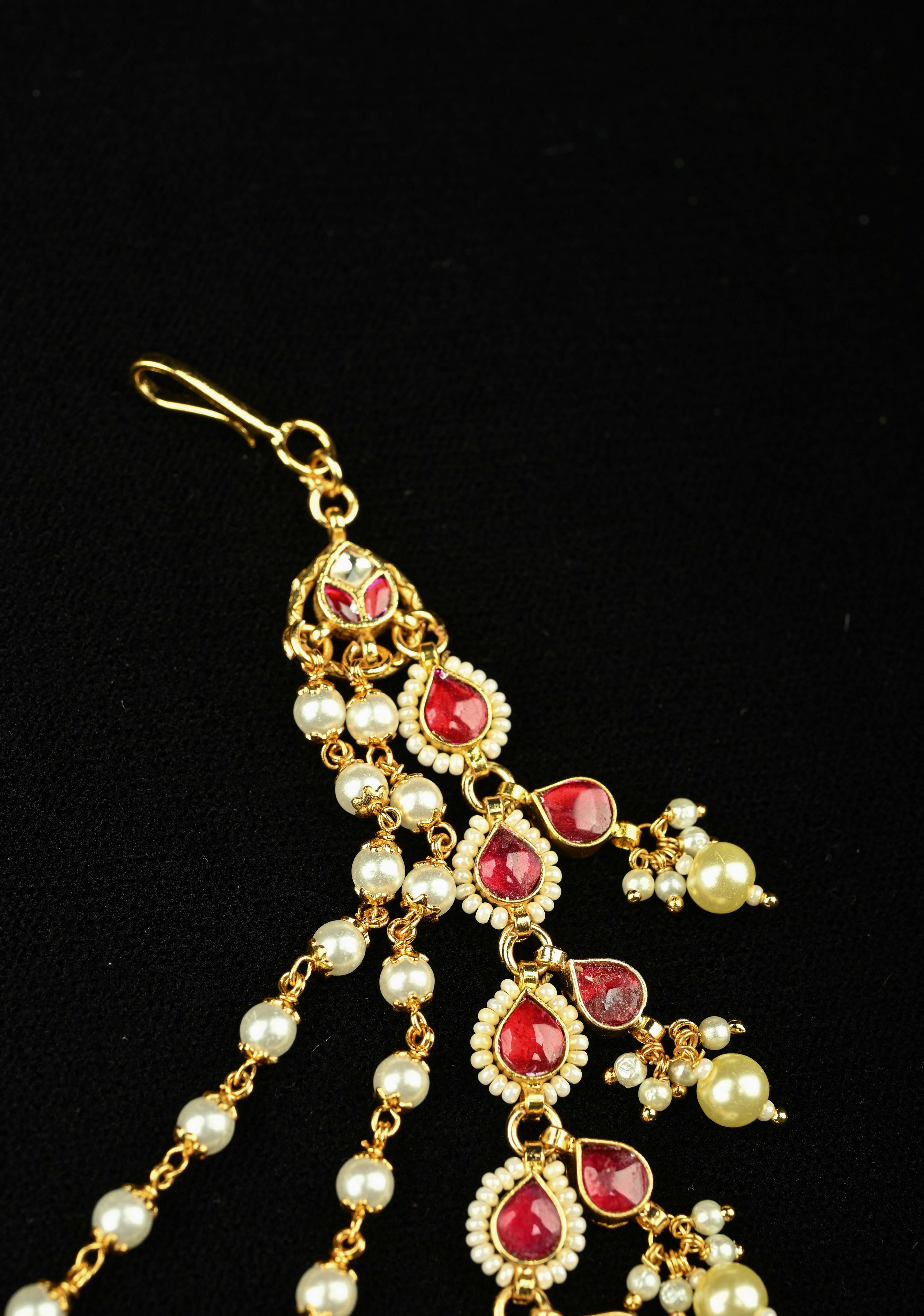 Contemporary 3 Layered Pearl Ear Chain  with Red stone | Shobitam