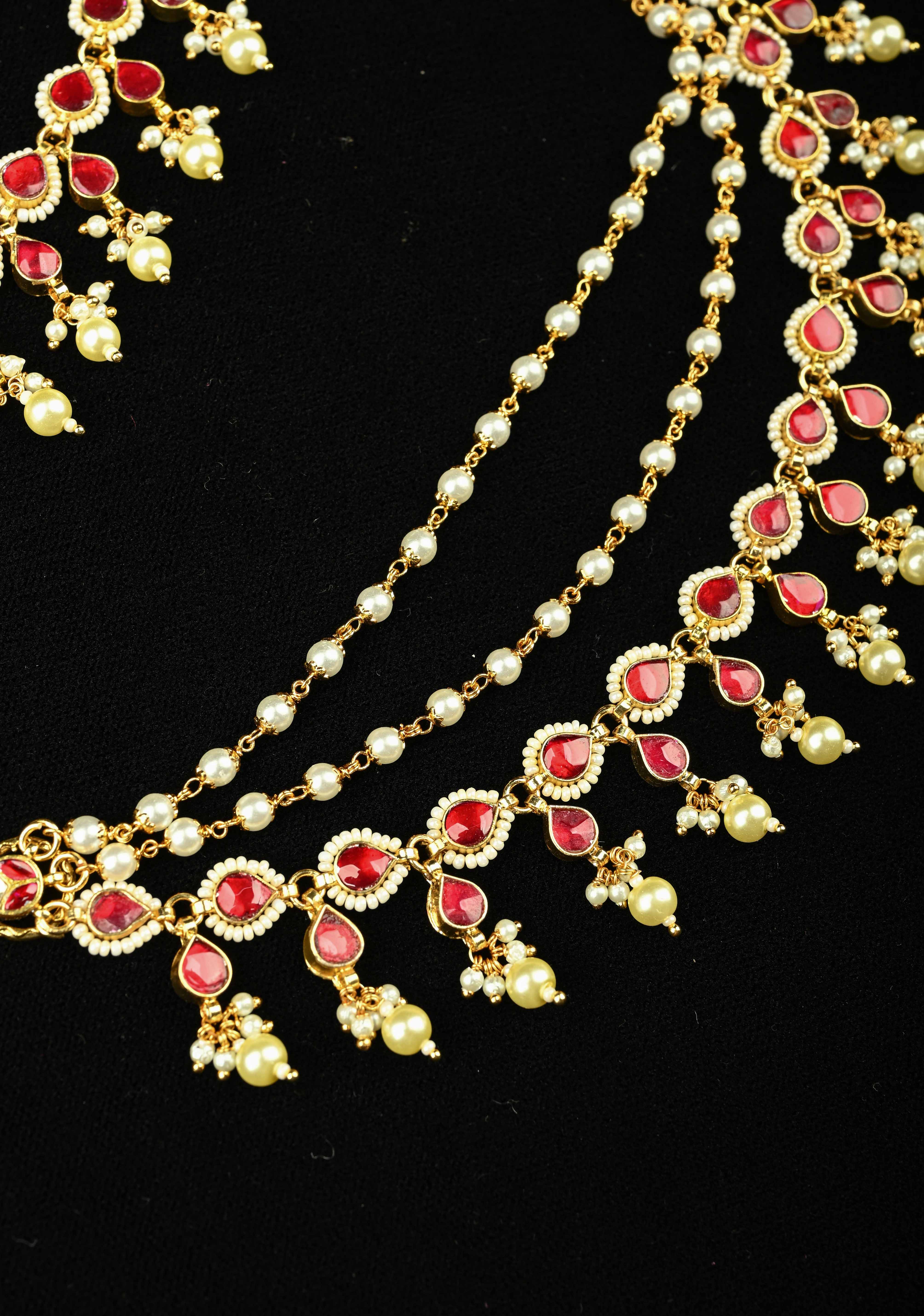 Contemporary 3 Layered Pearl Ear Chain  with Red stone | Shobitam