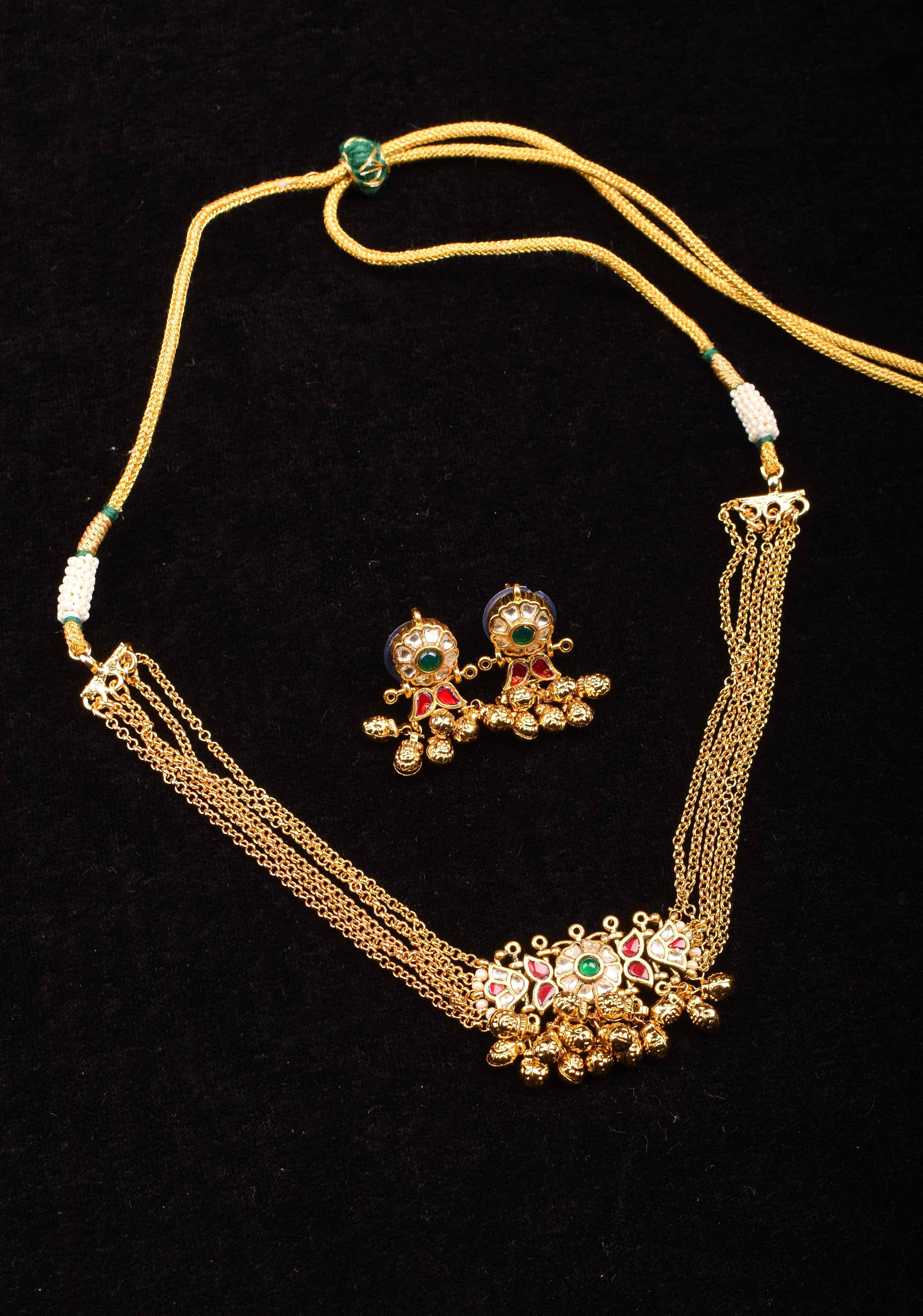 5-Strand Gold Chain Necklace Set with Floral Pendant and Pearls | SHOBITAM