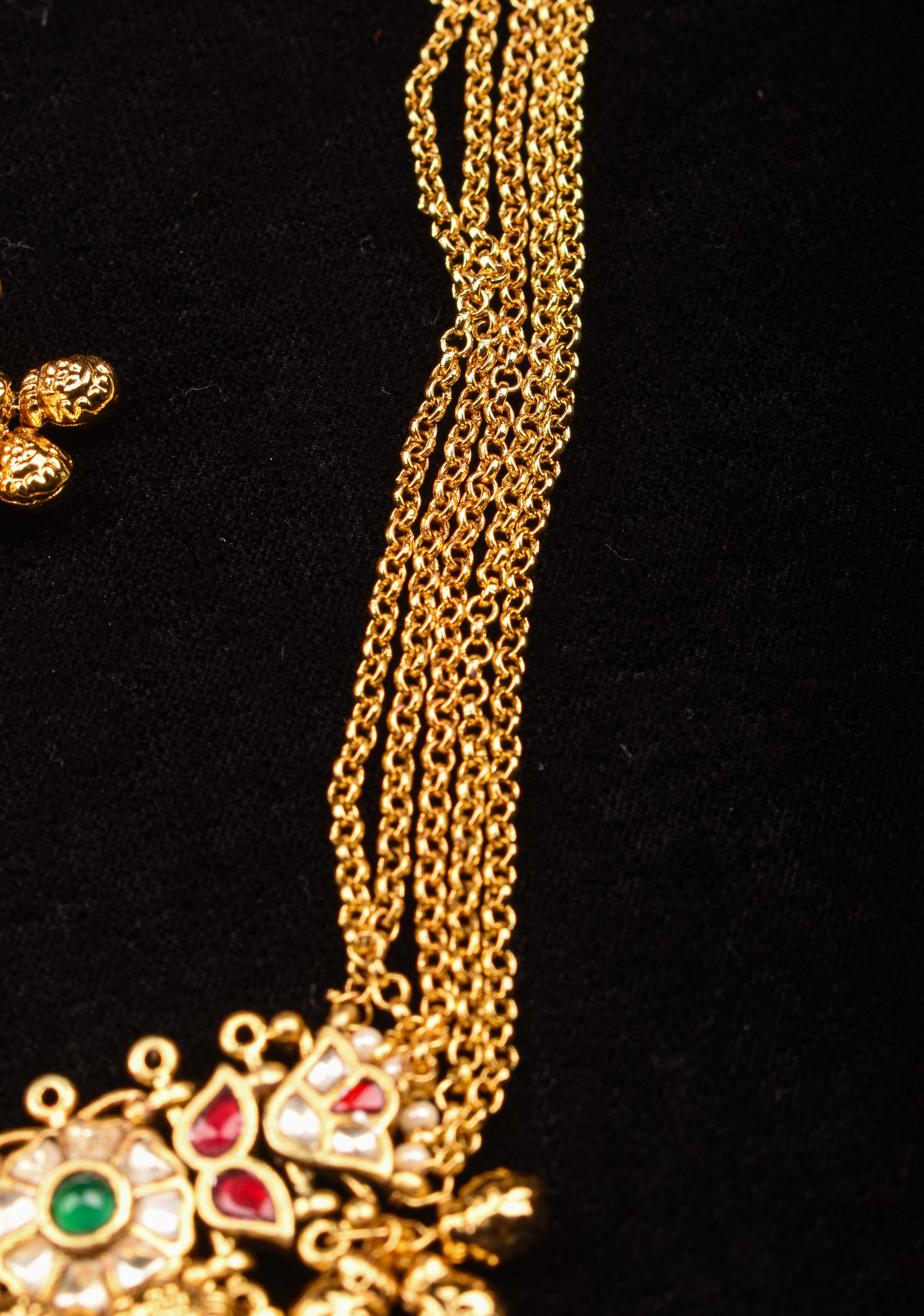 5-Strand Gold Chain Necklace Set with Floral Pendant and Pearls | SHOBITAM