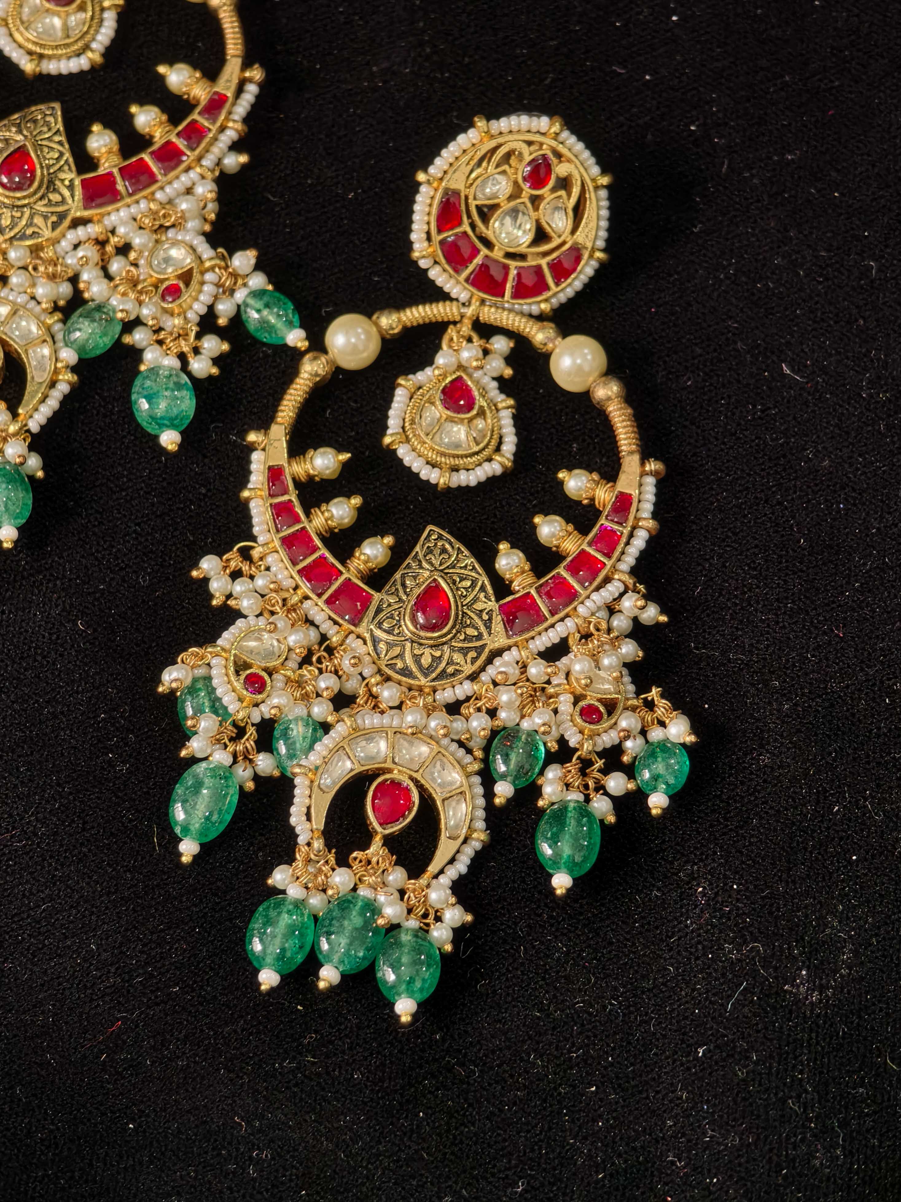 Grandiose 4" Chandbalis with Ahmedabadi Kundan Jadau Detailing with Red Pink Stones | Shobitam