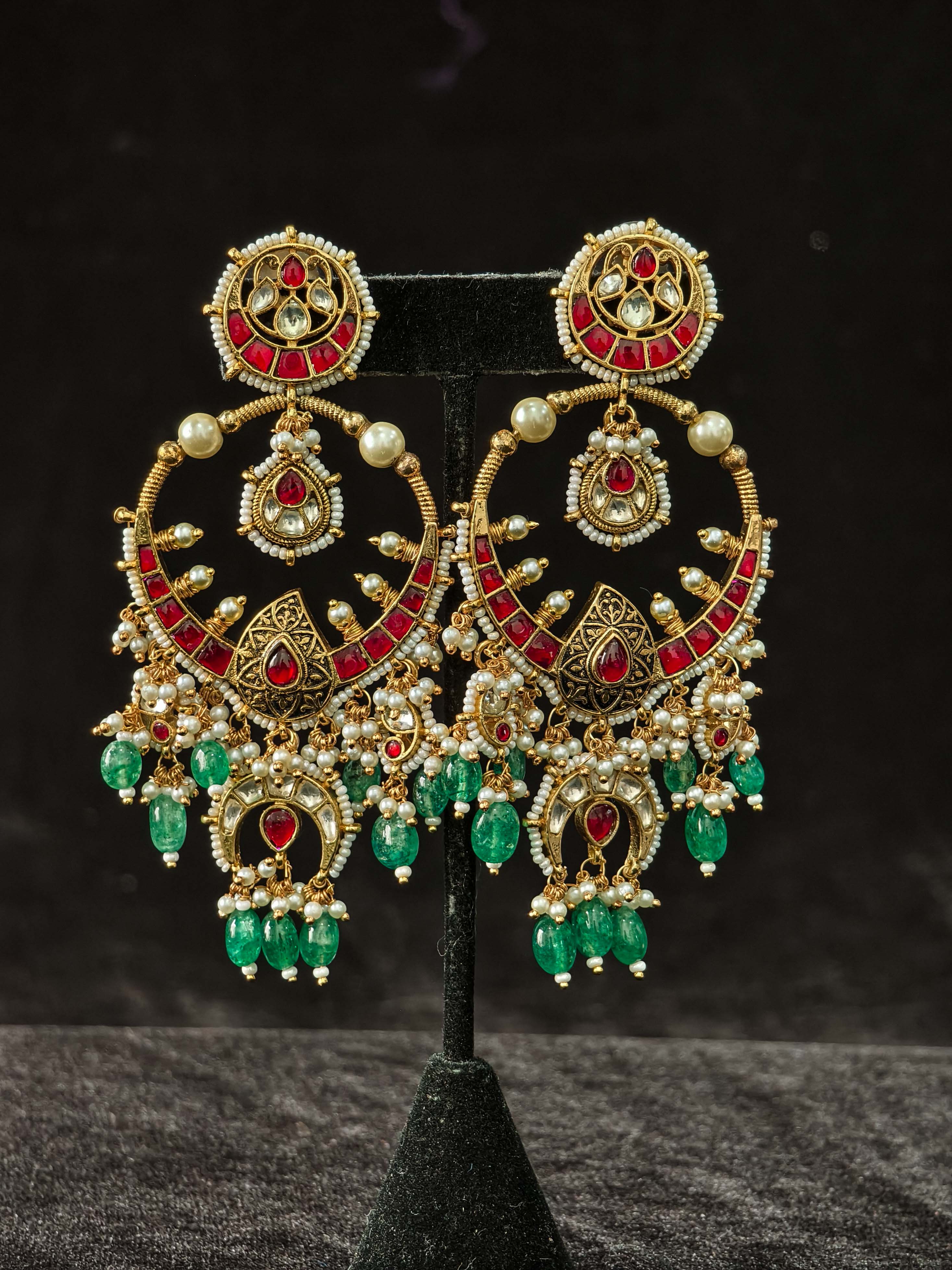 Grandiose 4" Chandbalis with Ahmedabadi Kundan Jadau Detailing with Red Pink Stones | Shobitam