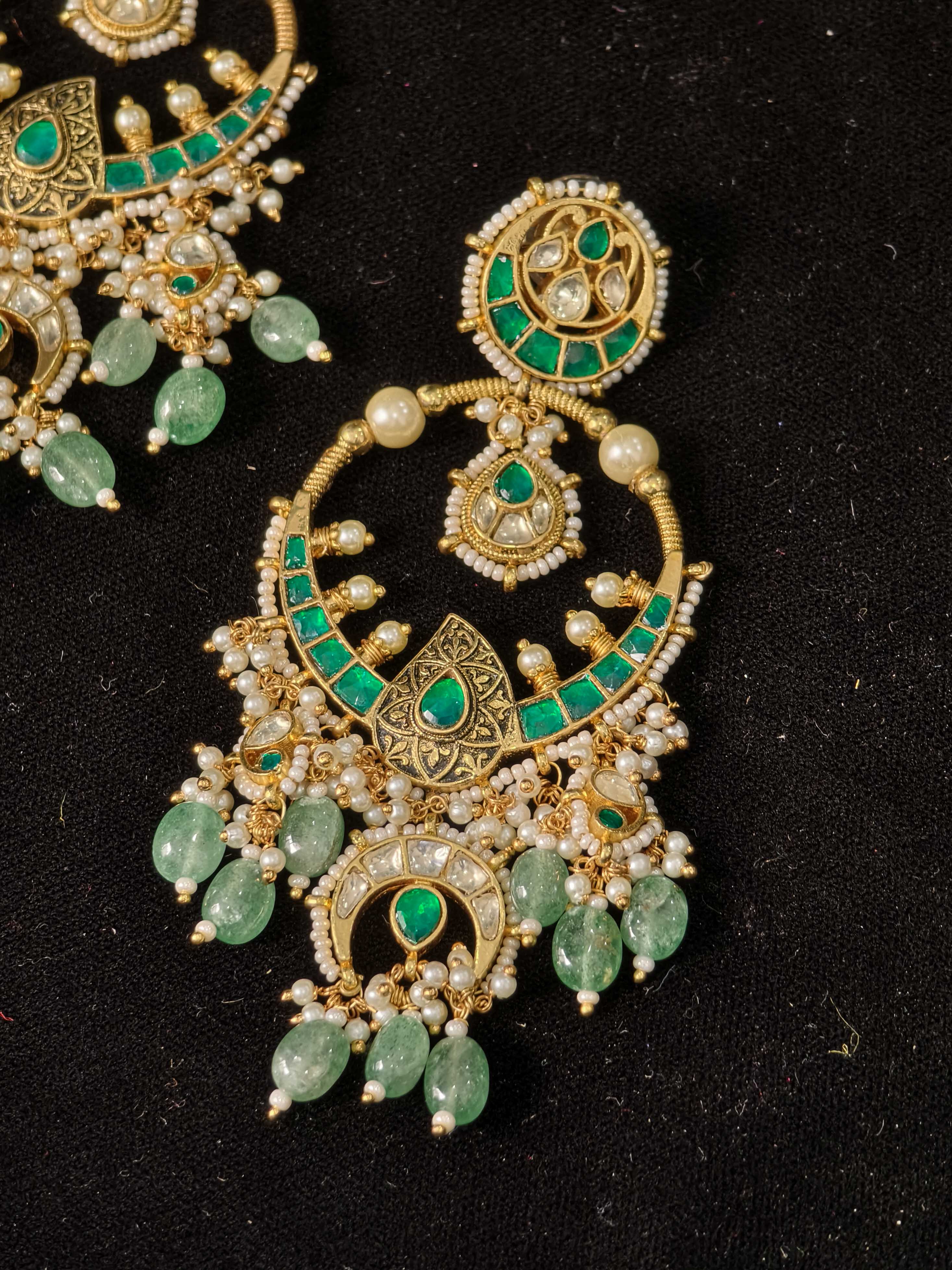 Grandiose 4" Chandbalis with Ahmedabadi Kundan Jadau Detailing with Green Stones | Shobitam