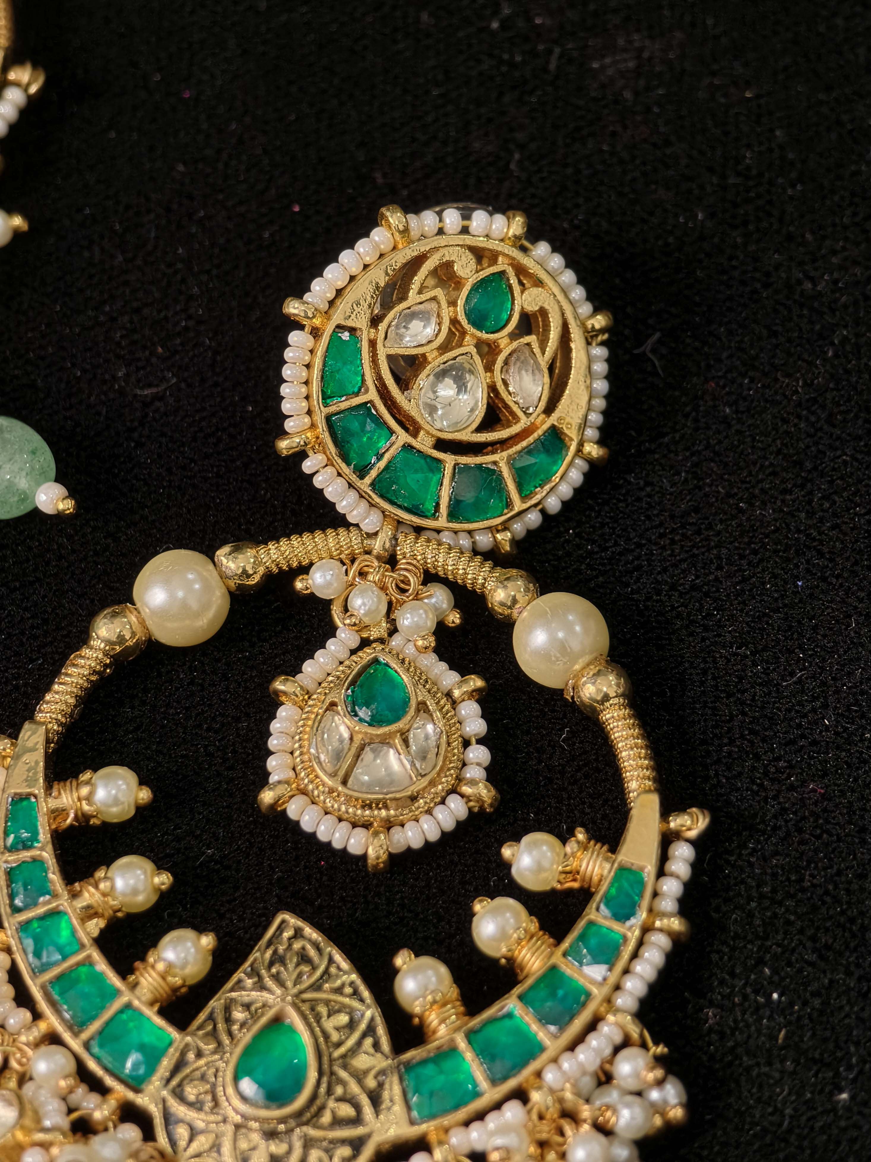 Grandiose 4" Chandbalis with Ahmedabadi Kundan Jadau Detailing with Green Stones | Shobitam