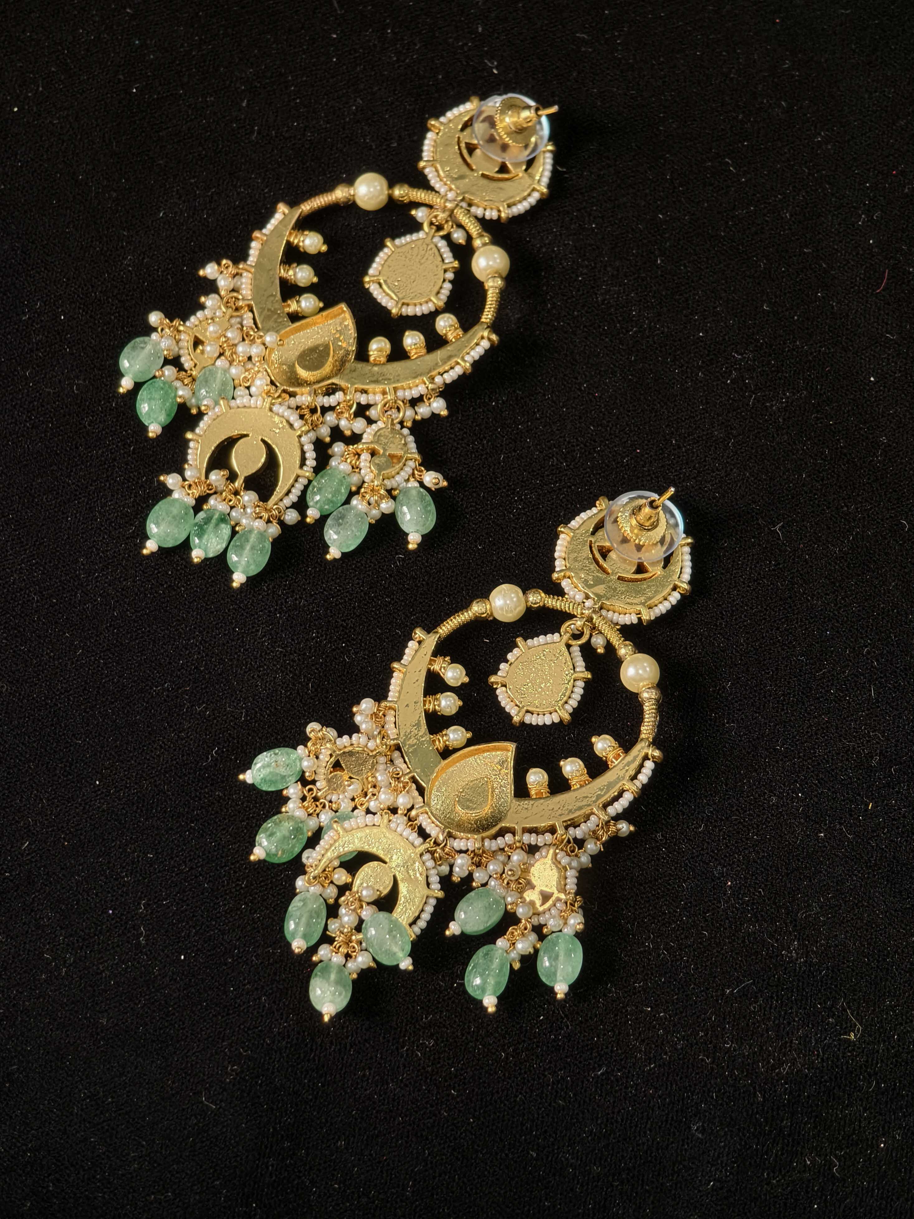 Grandiose 4" Chandbalis with Ahmedabadi Kundan Jadau Detailing with Green Stones | Shobitam