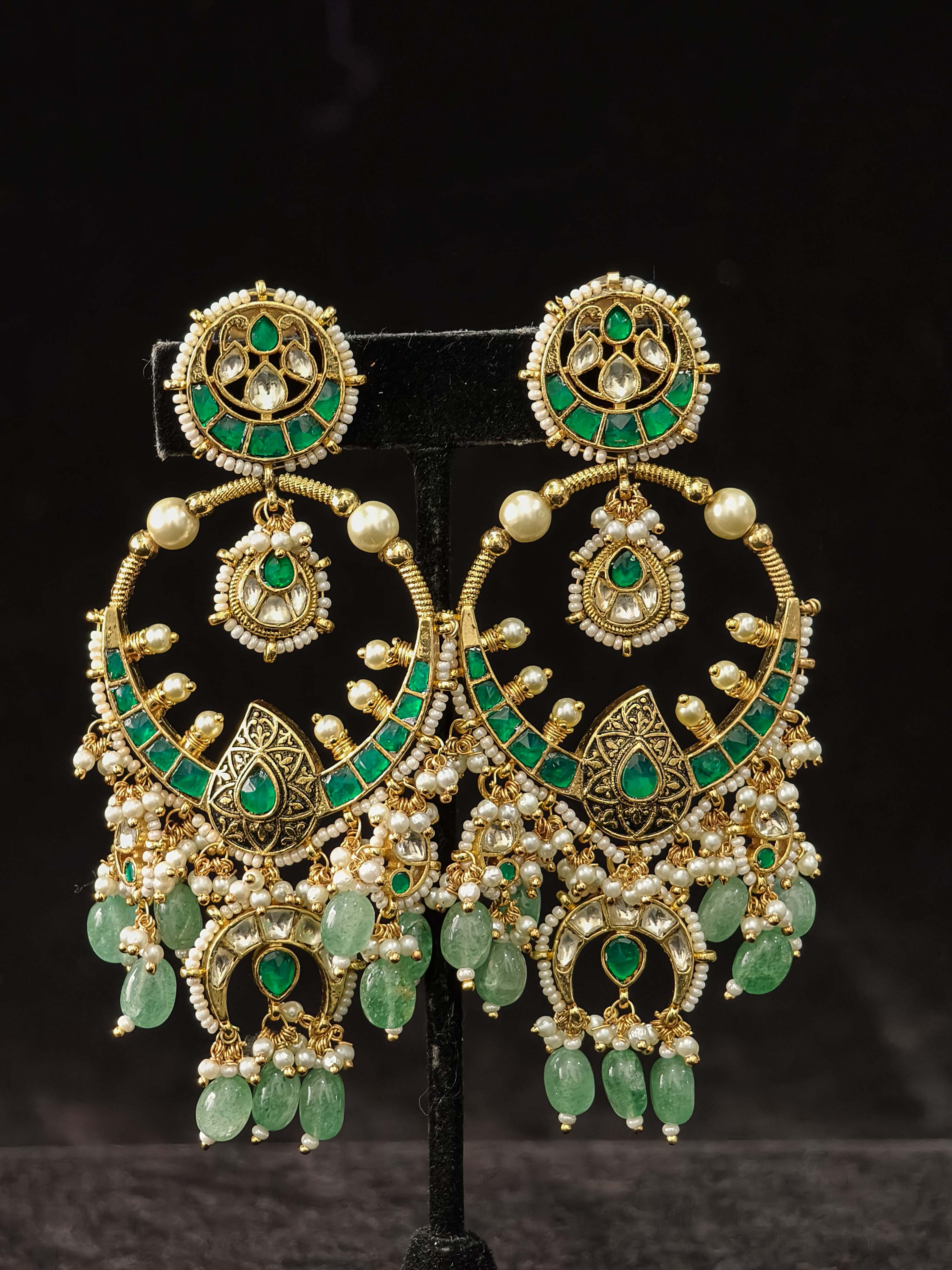 Grandiose 4" Chandbalis with Ahmedabadi Kundan Jadau Detailing with Green Stones | Shobitam