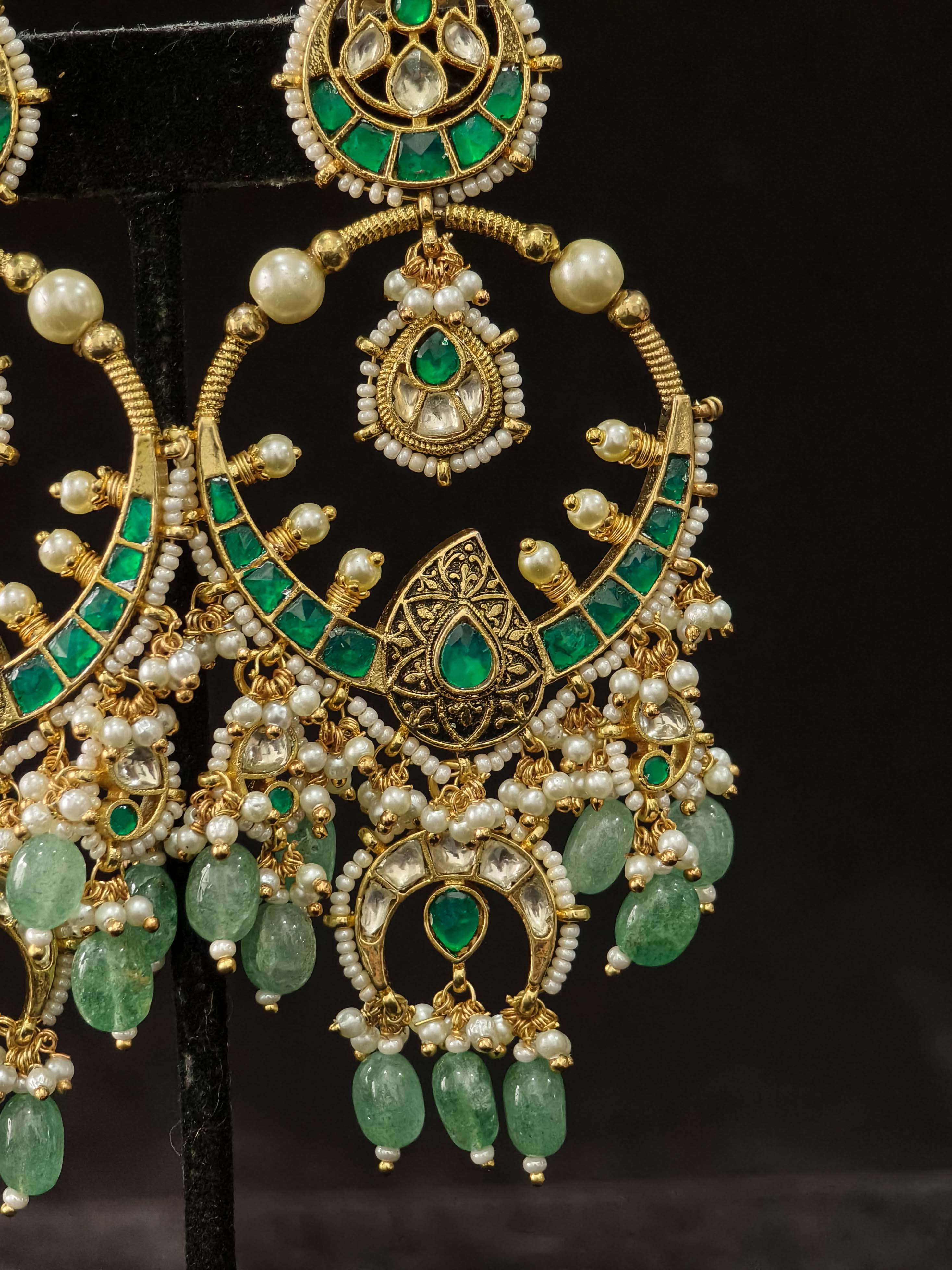 Grandiose 4" Chandbalis with Ahmedabadi Kundan Jadau Detailing with Green Stones | Shobitam