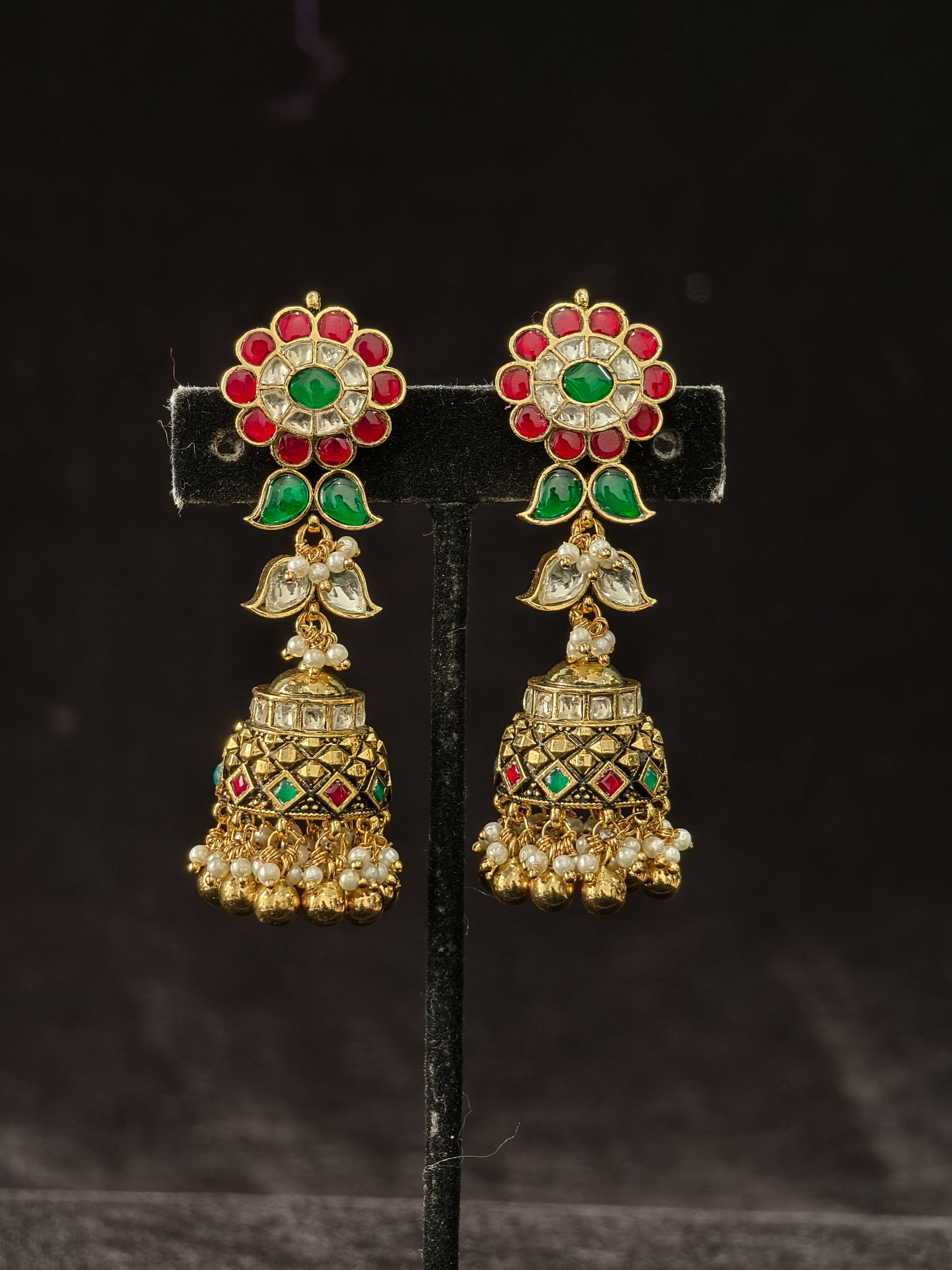 Ahmedabadi Jadau Jhumka with floral studs and slender design | Shobitam
