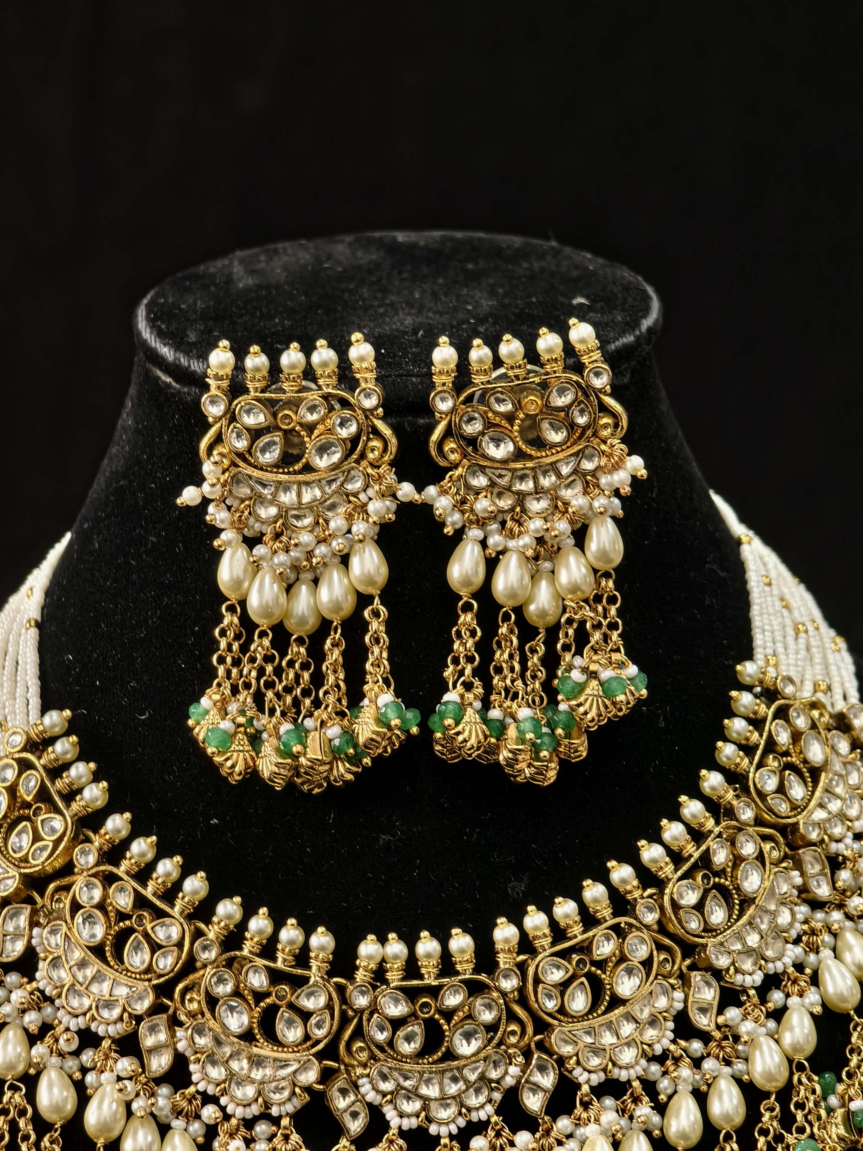 Rajwadi Ahmedabadi Jadau Necklace and Earrings Set with dangling chains design | SHOBITAM