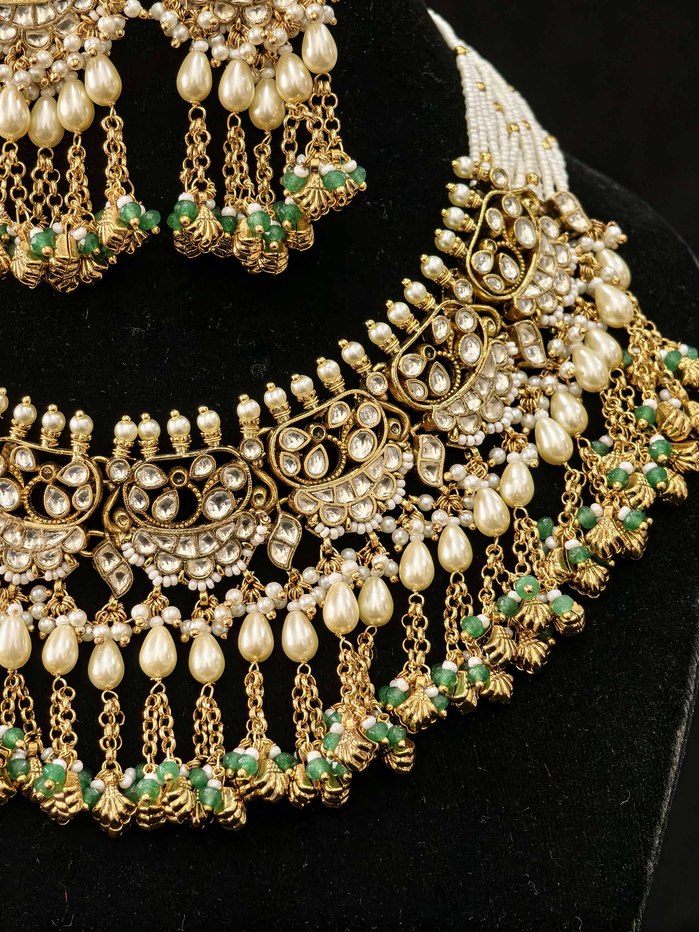 Rajwadi Ahmedabadi Jadau Necklace and Earrings Set with dangling chains design | SHOBITAM