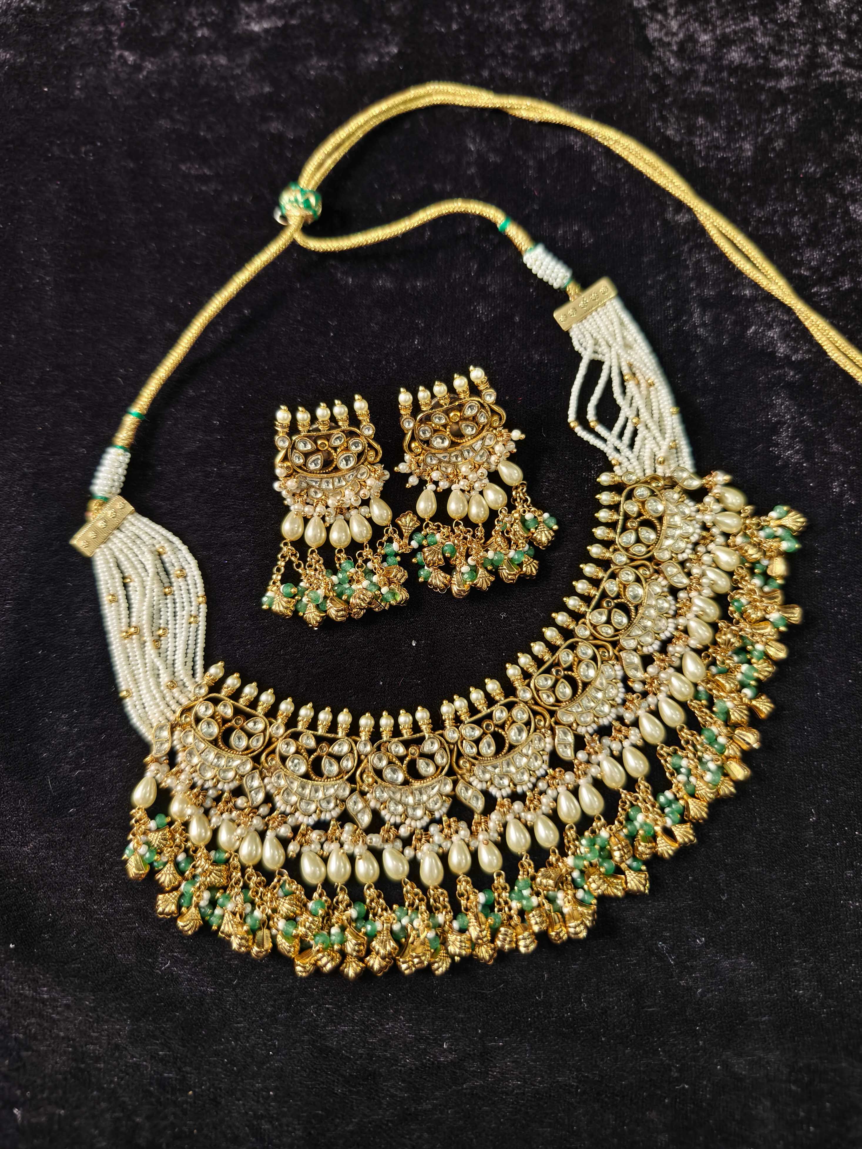 Rajwadi Ahmedabadi Jadau Necklace and Earrings Set with dangling chains design | SHOBITAM
