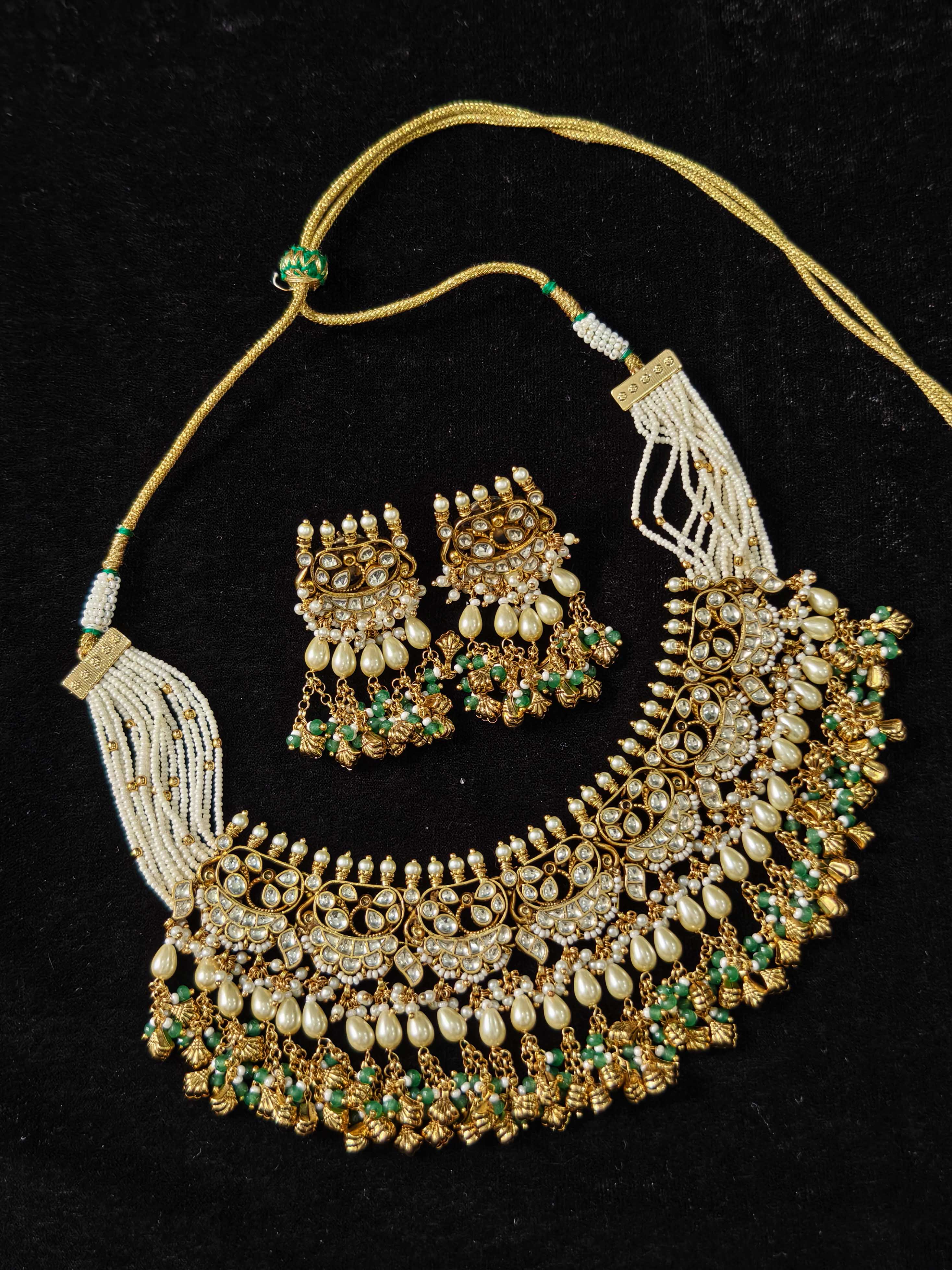 Rajwadi Ahmedabadi Jadau Necklace and Earrings Set with dangling chains design | SHOBITAM
