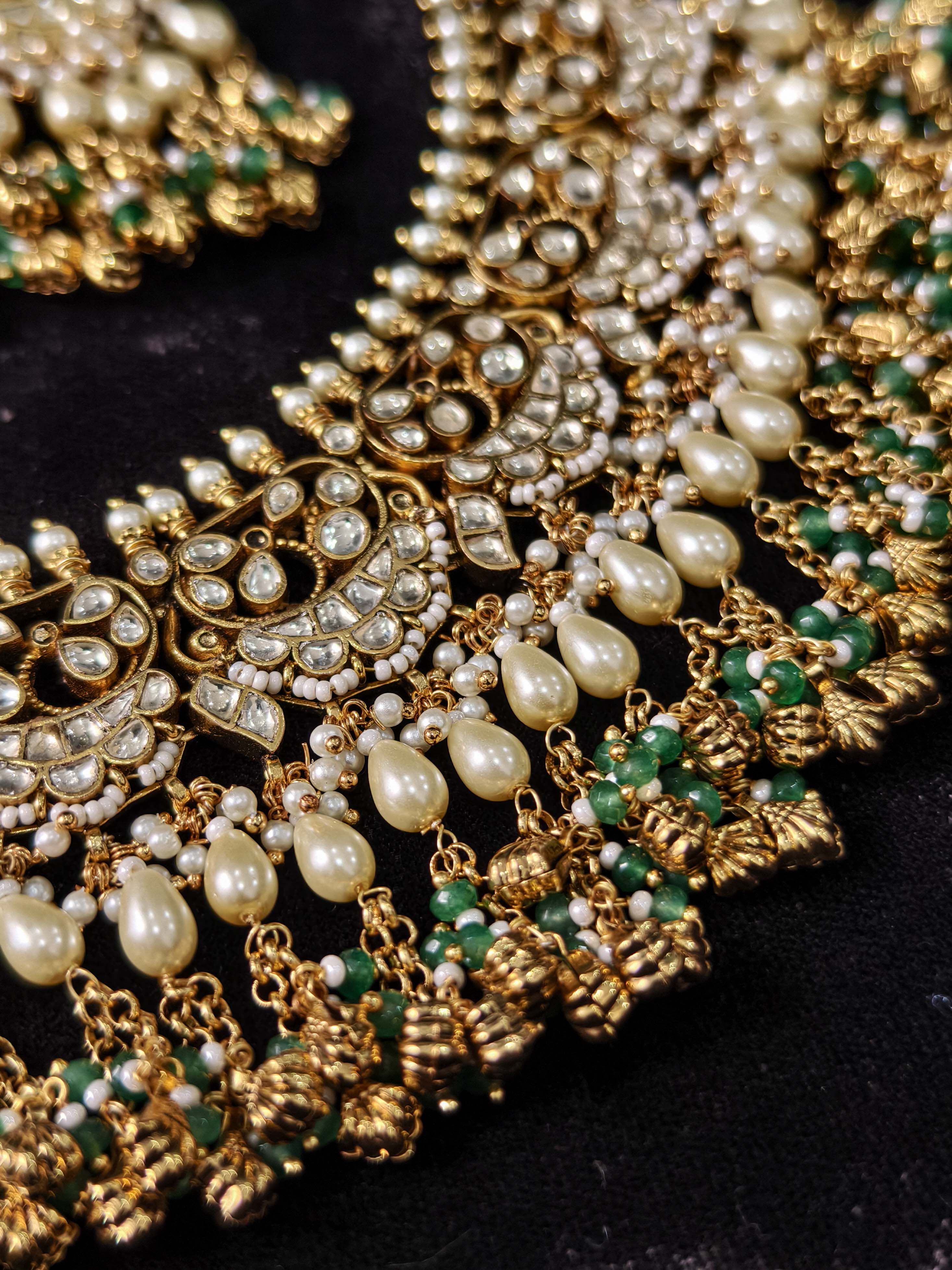 Rajwadi Ahmedabadi Jadau Necklace and Earrings Set with dangling chains design | SHOBITAM