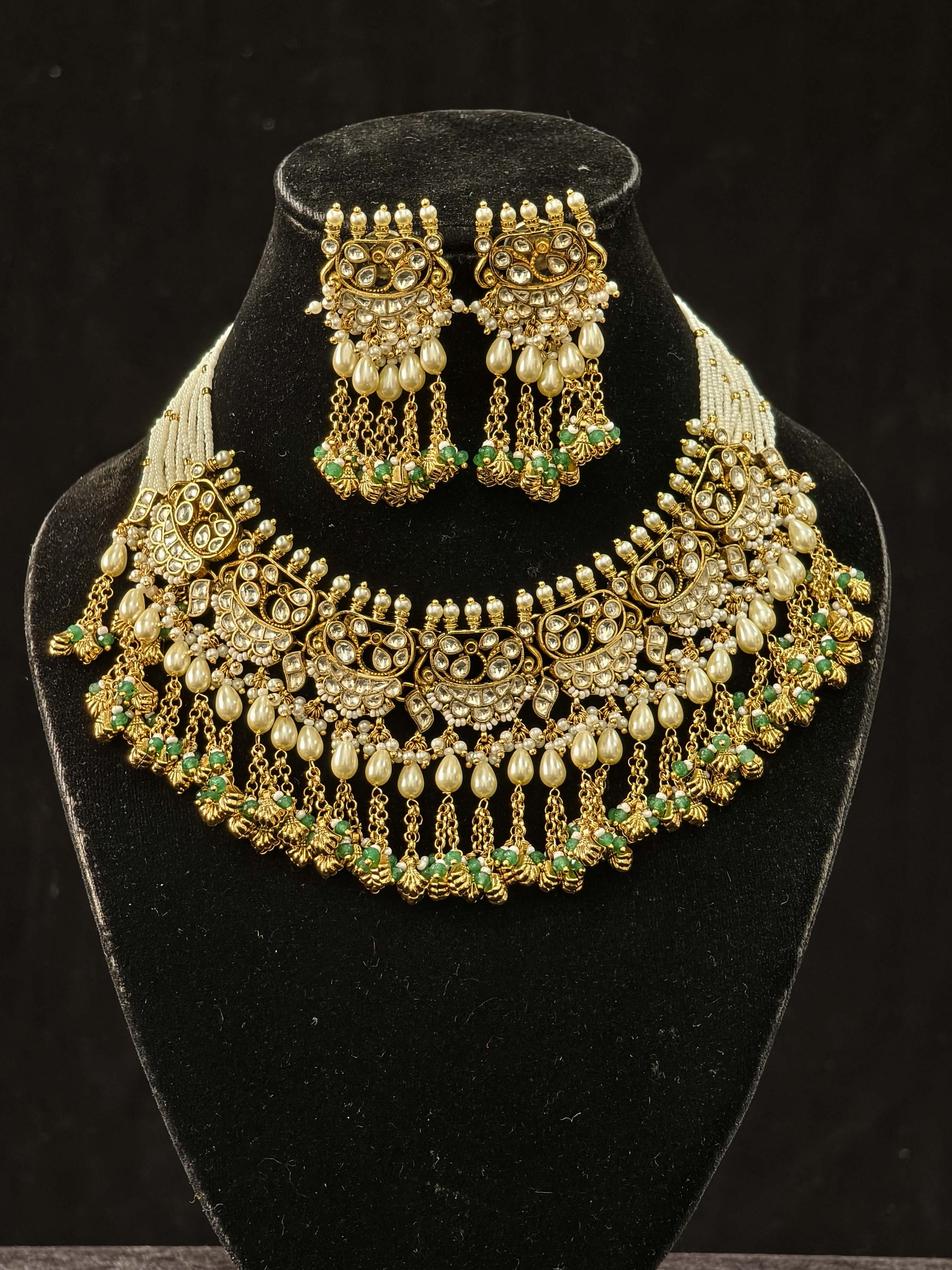 Rajwadi Ahmedabadi Jadau Necklace and Earrings Set with dangling chains design | SHOBITAM