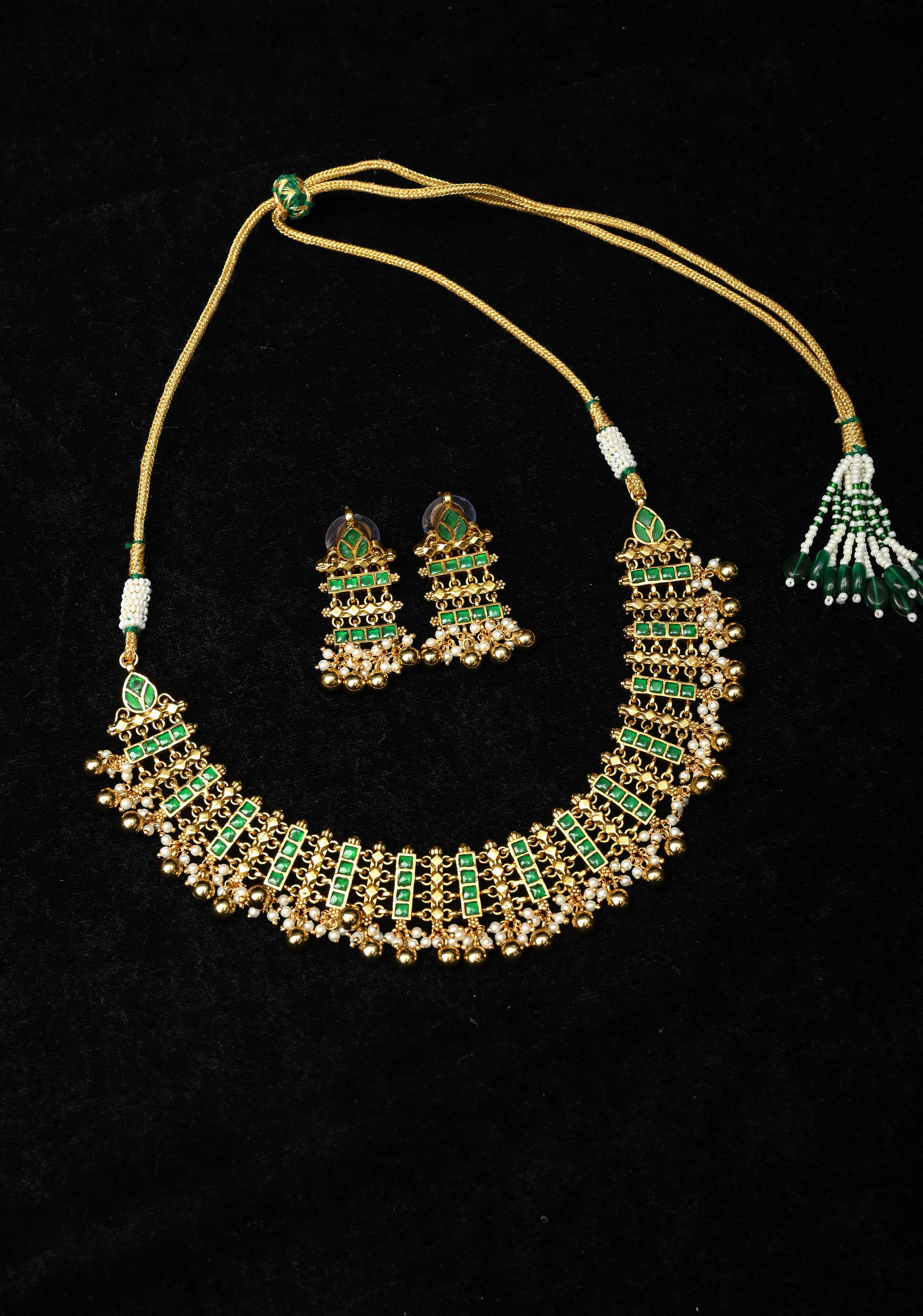 Ahmedabadi Jadau Linkig design Necklace Handmade Set with Green stone Embellishments and Beads Drops | SHOBITAM