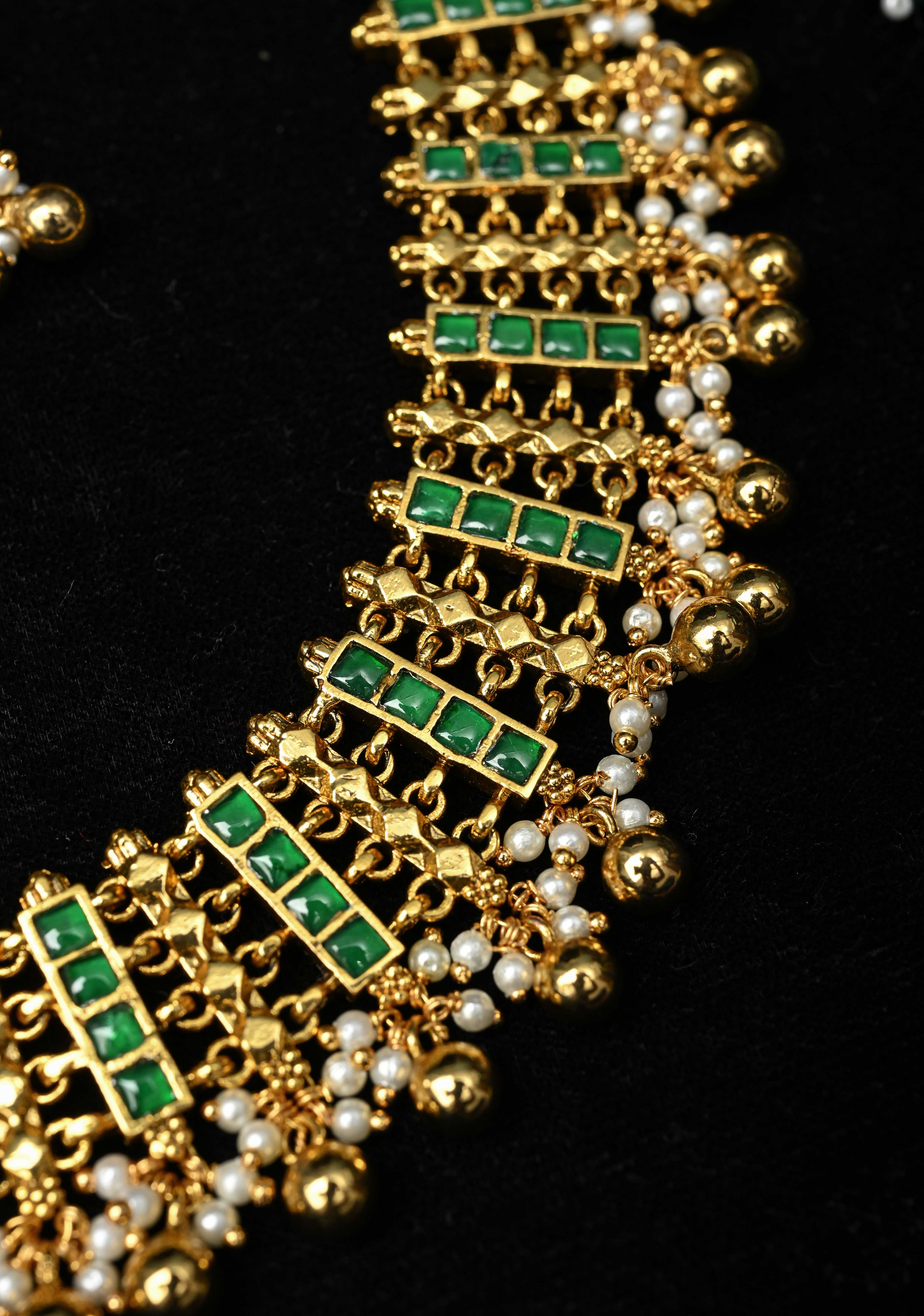 Ahmedabadi Jadau Linkig design Necklace Handmade Set with Green stone Embellishments and Beads Drops | SHOBITAM