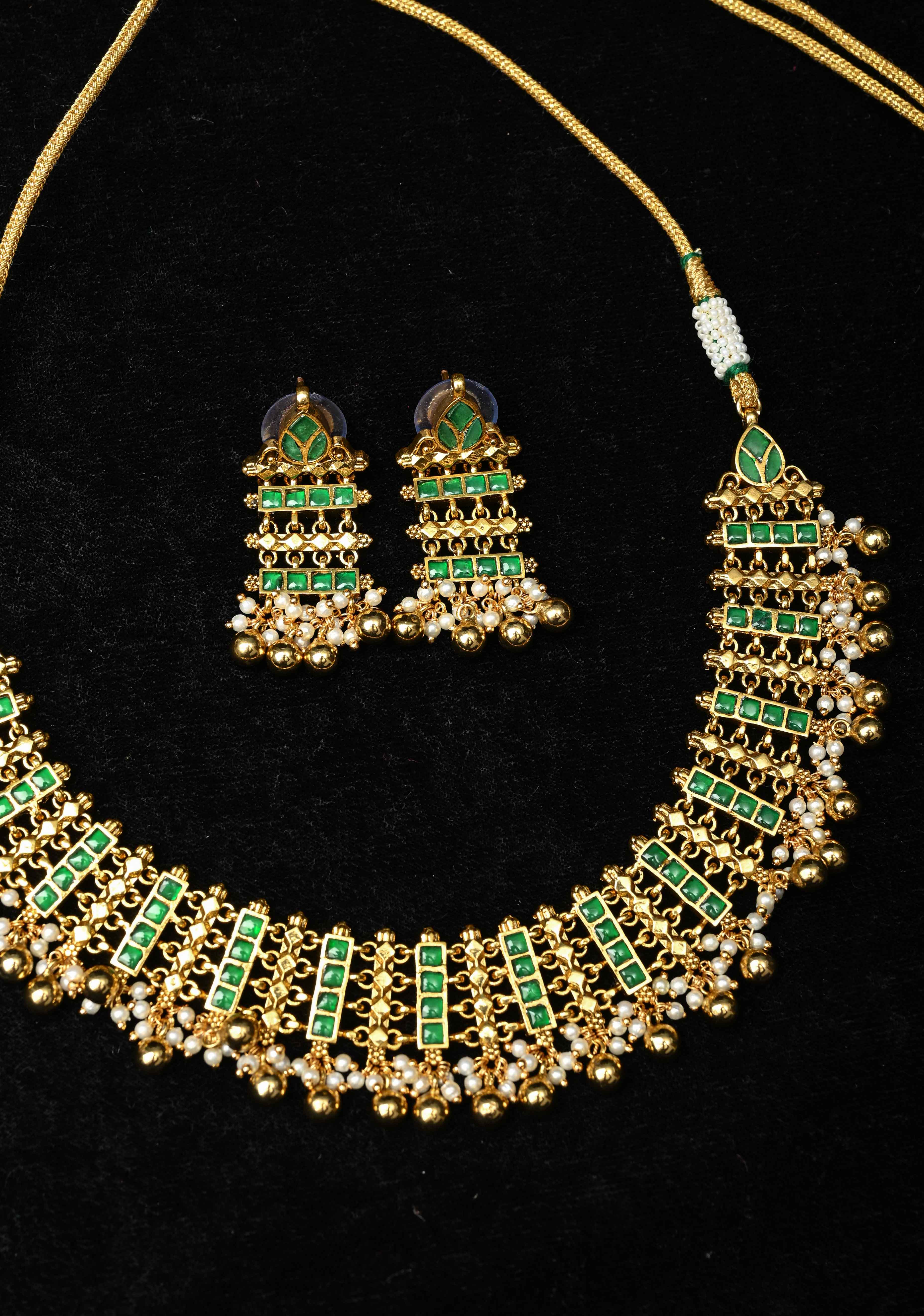 Ahmedabadi Jadau Linkig design Necklace Handmade Set with Green stone Embellishments and Beads Drops | SHOBITAM