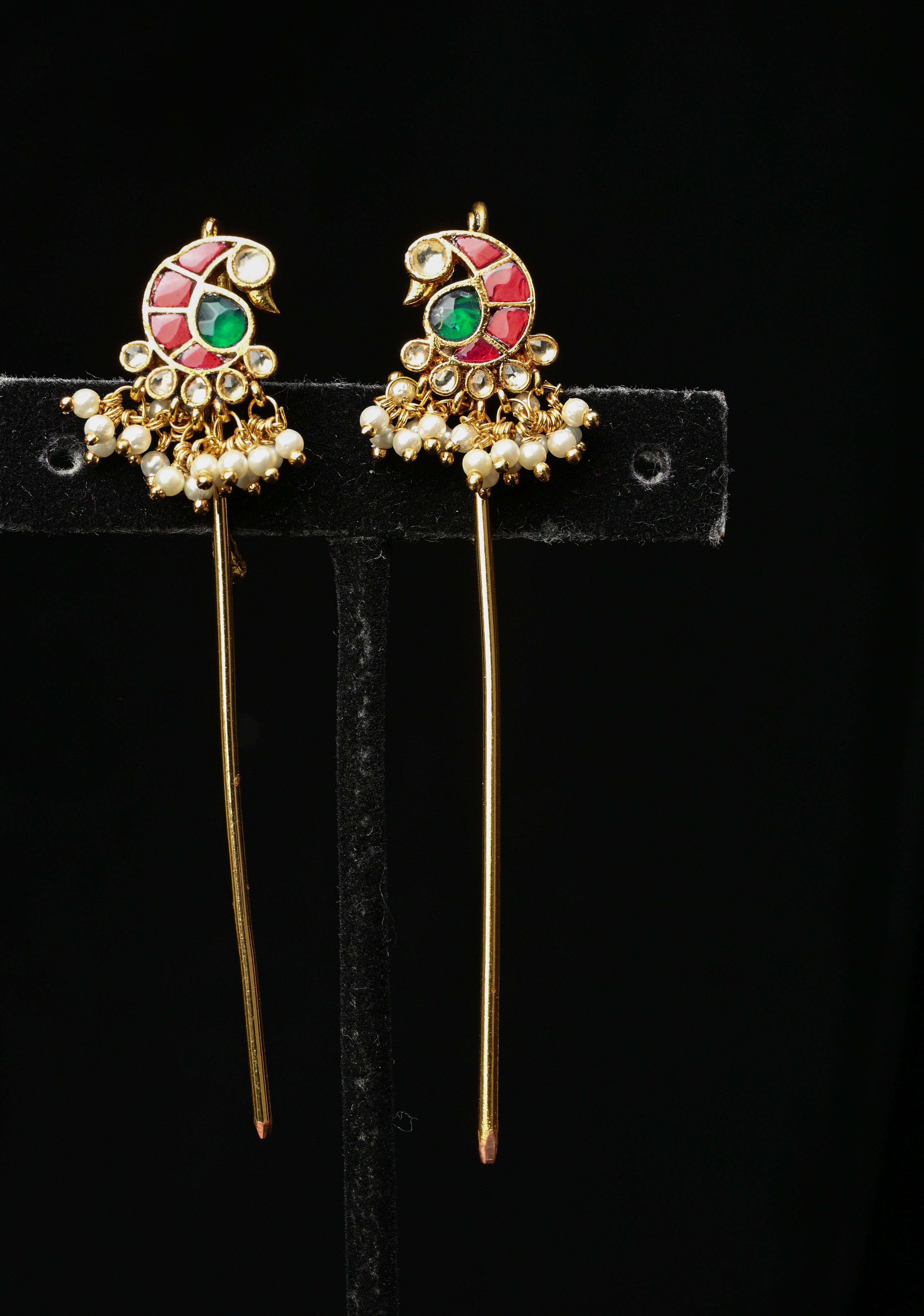 Gold Peacock Design Jadau Ear Cuff with Kemstone Accents and Pearls Drops | Shobitam