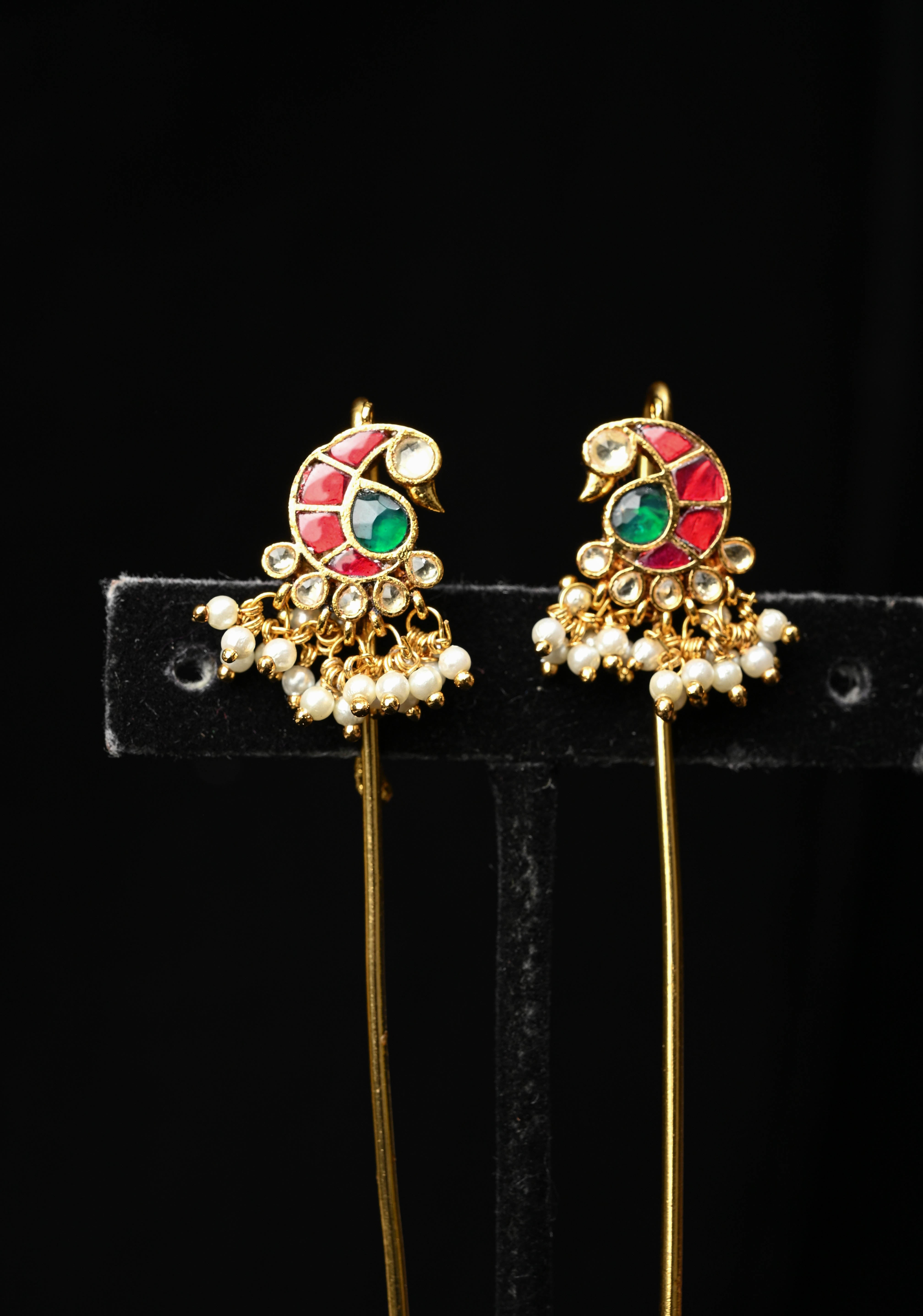 Gold Peacock Design Jadau Ear Cuff with Kemstone Accents and Pearls Drops | Shobitam