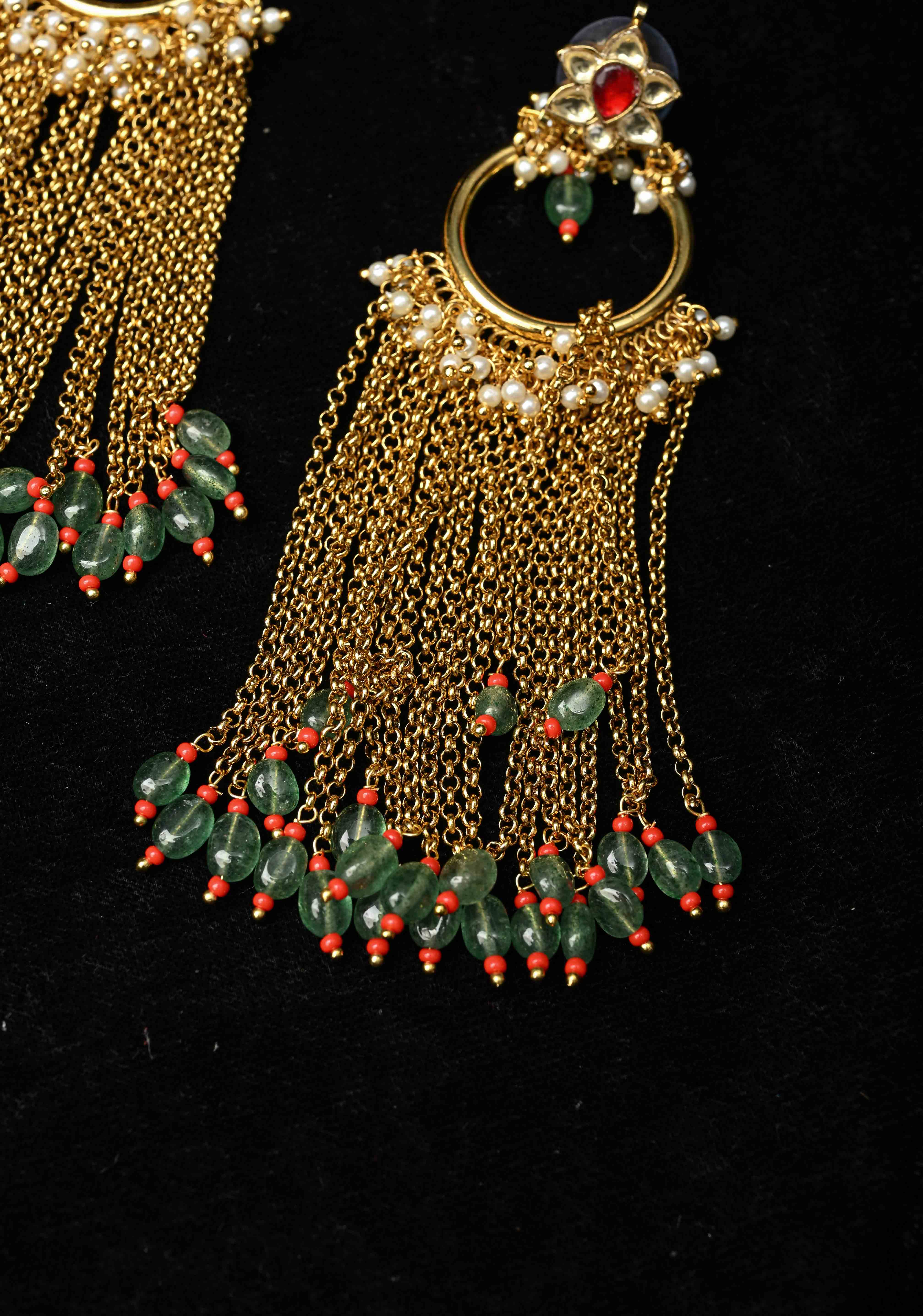 Ahmedabadi Jadau Kundan Tassel Earrings With Floral ring design  and white, red stone | Shobitam