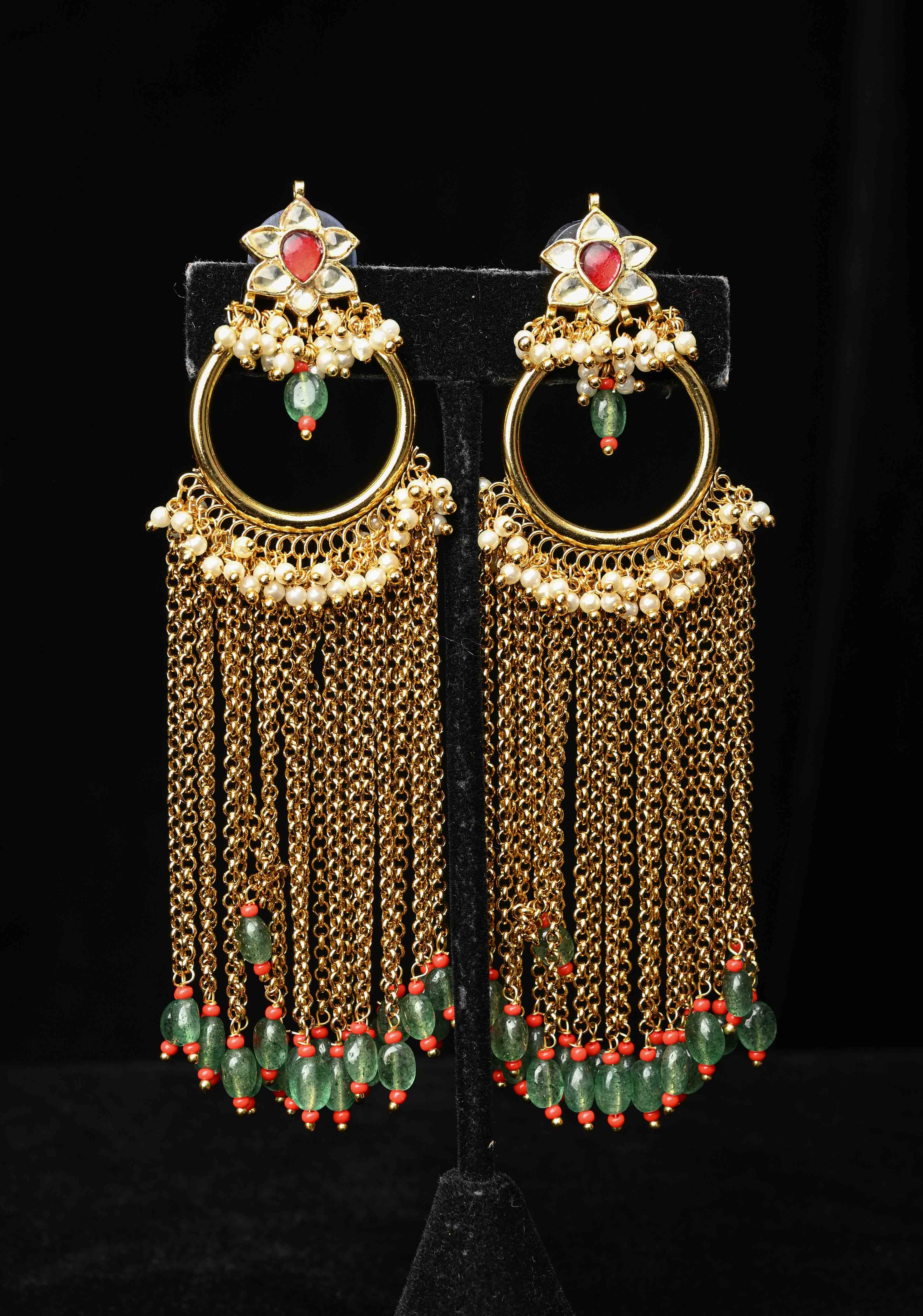 Ahmedabadi Jadau Kundan Tassel Earrings With Floral ring design  and white, red stone | Shobitam