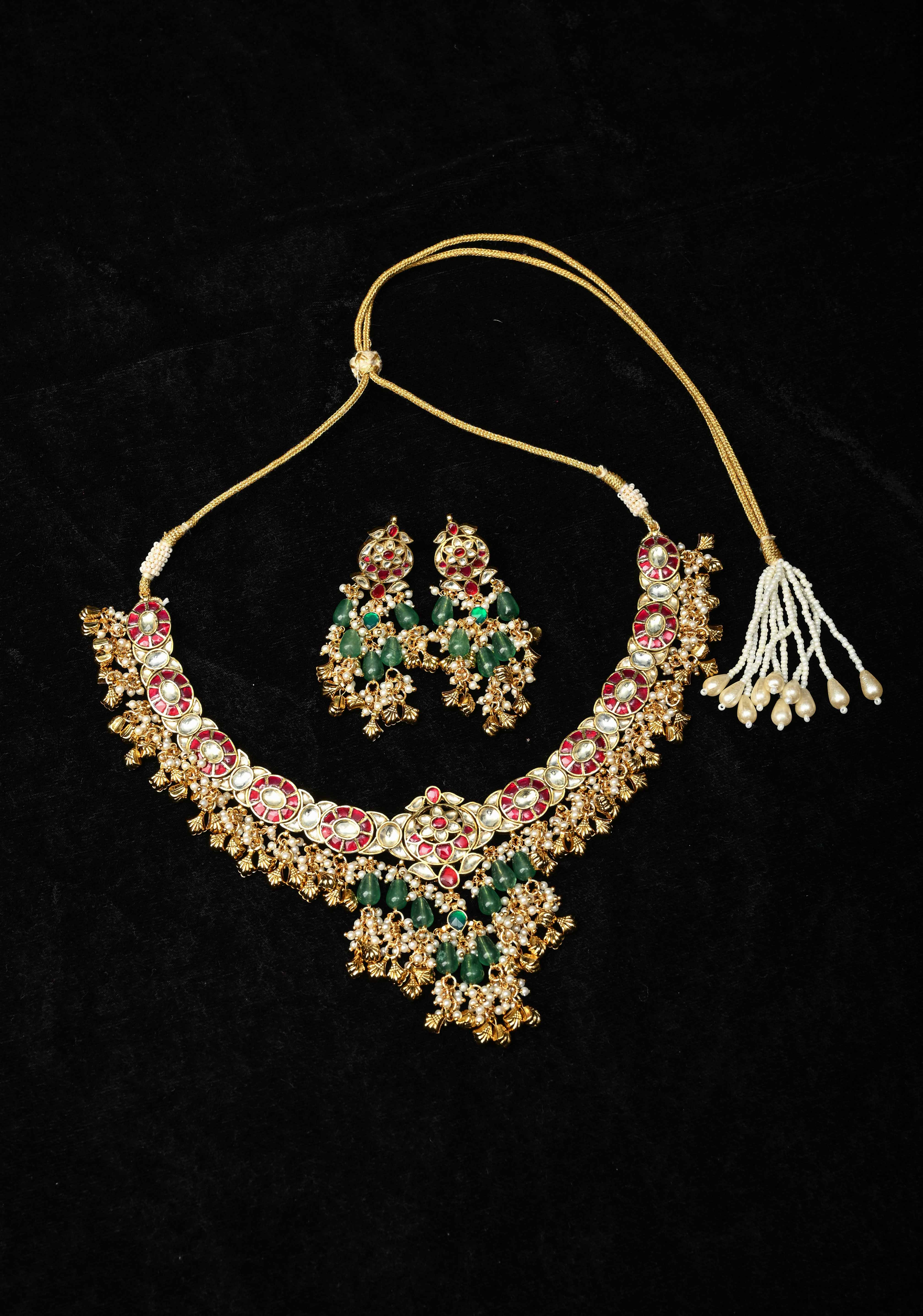 Ahmedabadi Jadau Kundan Necklace Set with Dangling beads | SHOBITAM