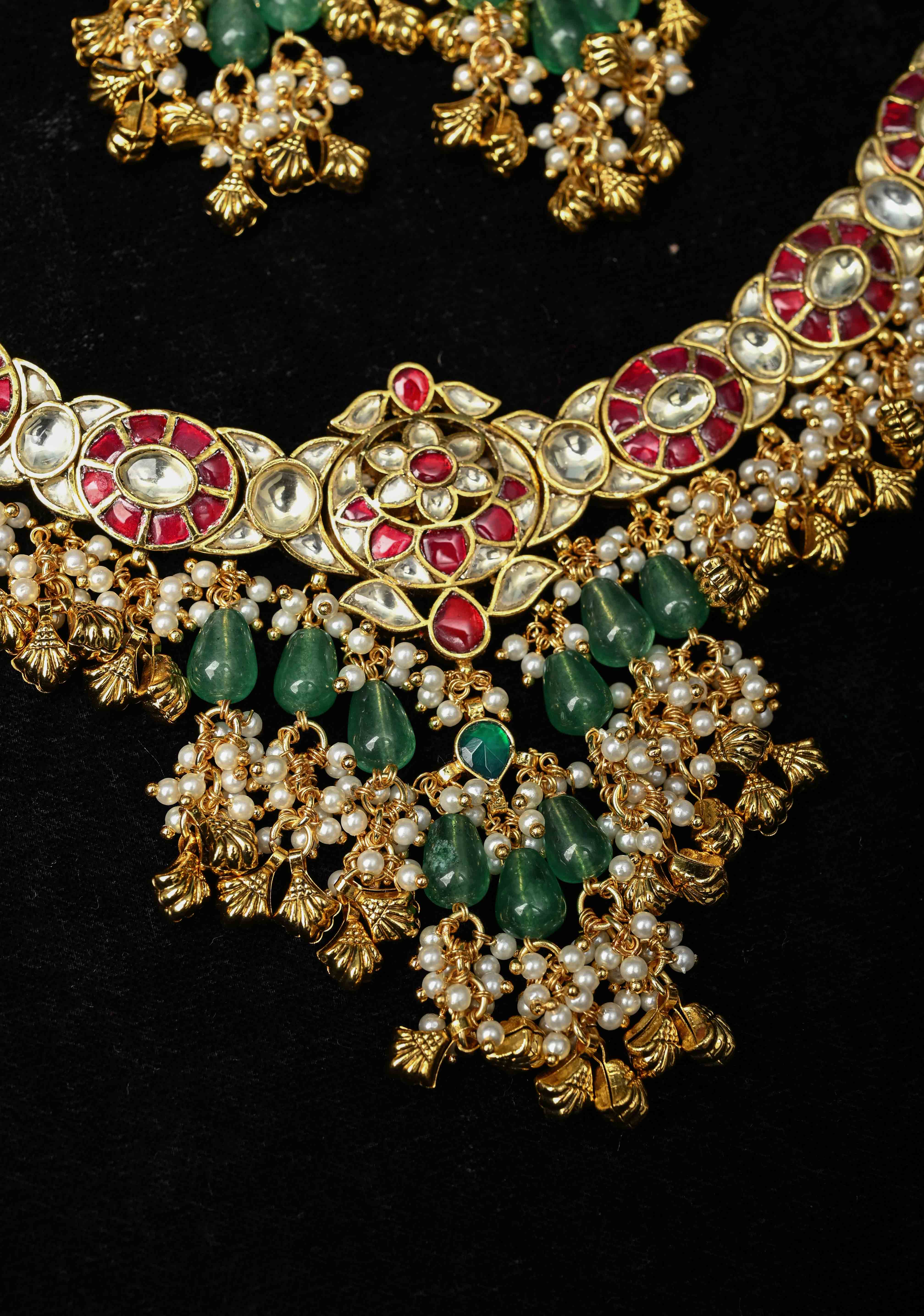 Ahmedabadi Jadau Kundan Necklace Set with Dangling beads | SHOBITAM