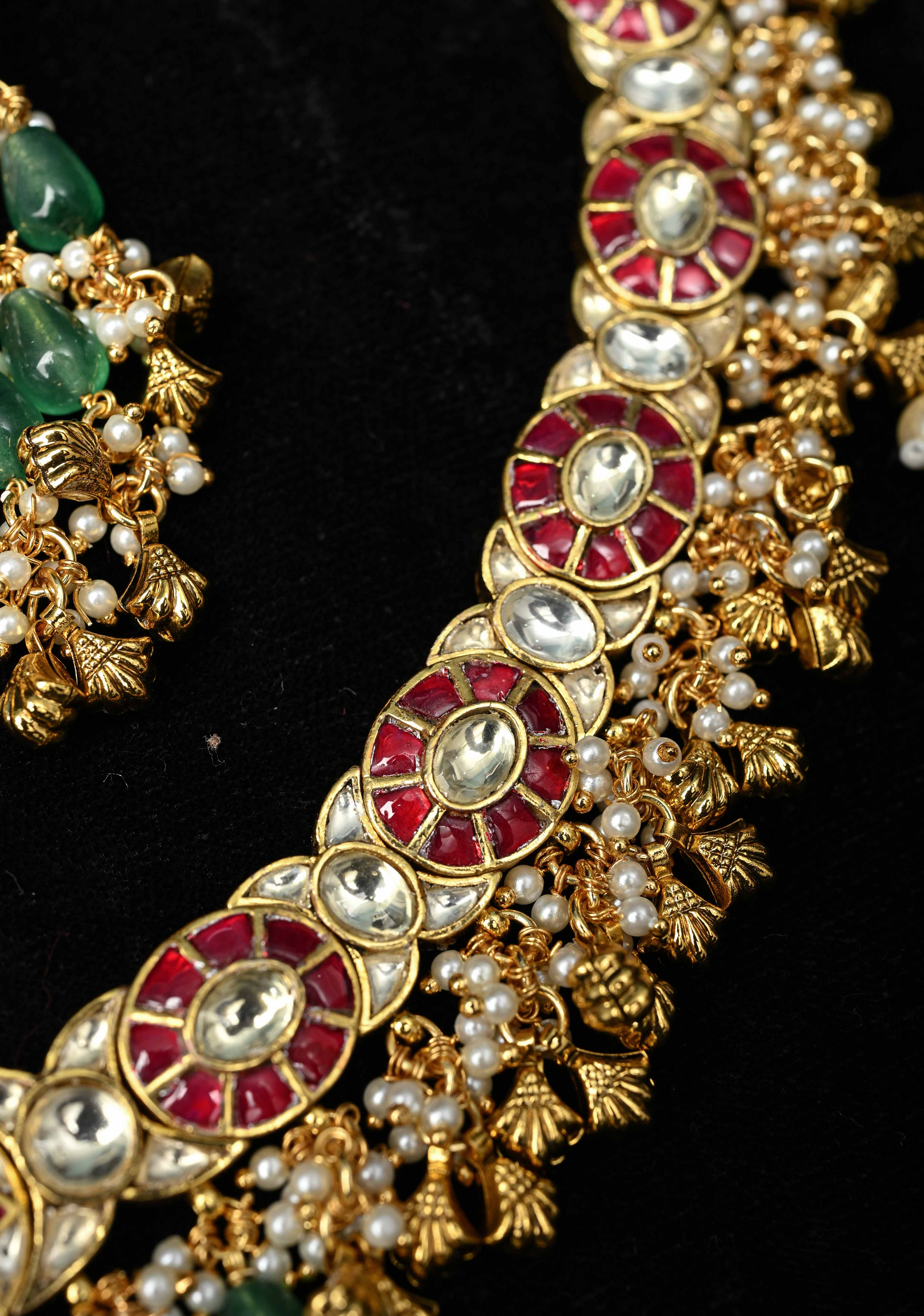 Ahmedabadi Jadau Kundan Necklace Set with Dangling beads | SHOBITAM