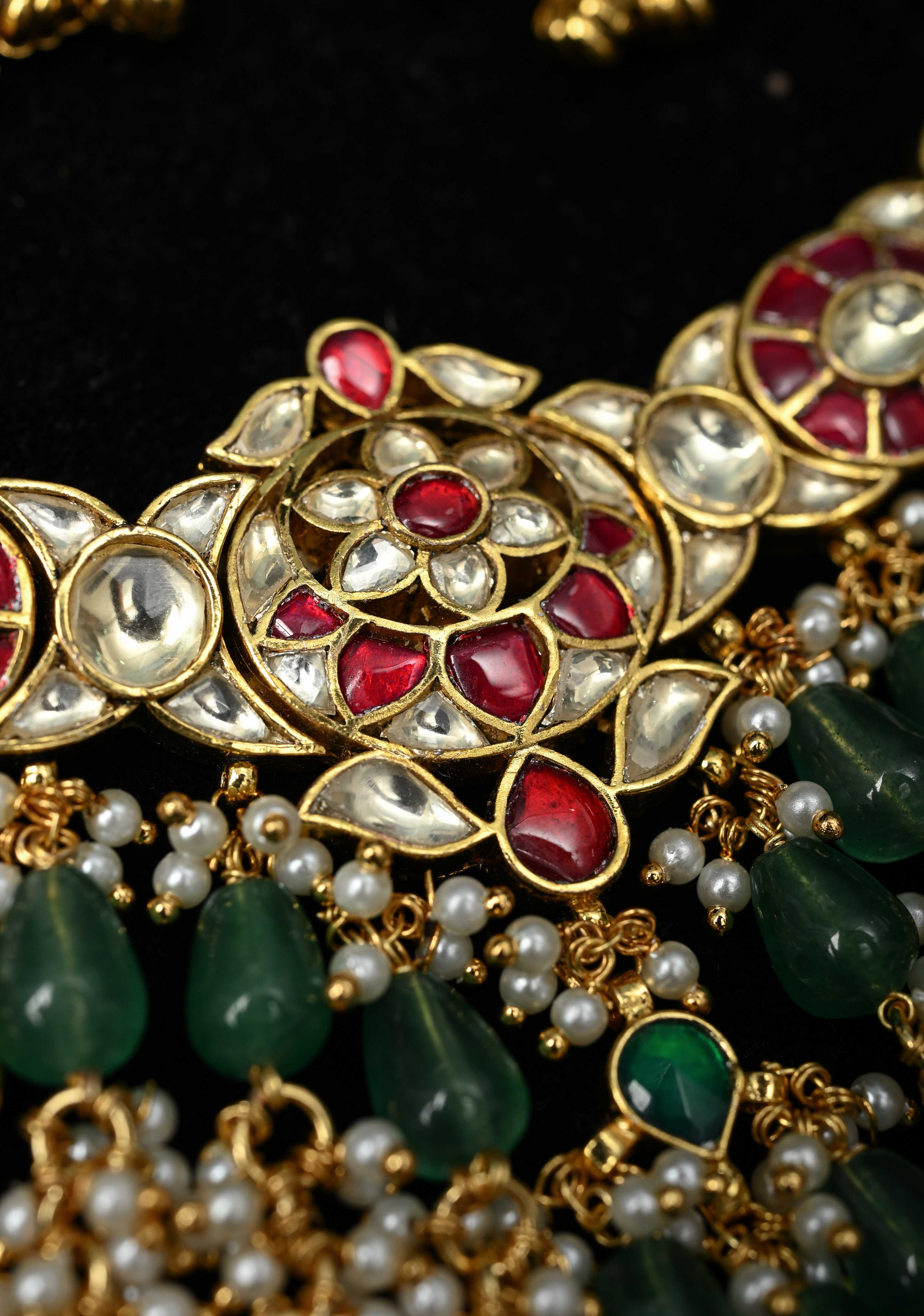 Ahmedabadi Jadau Kundan Necklace Set with Dangling beads | SHOBITAM