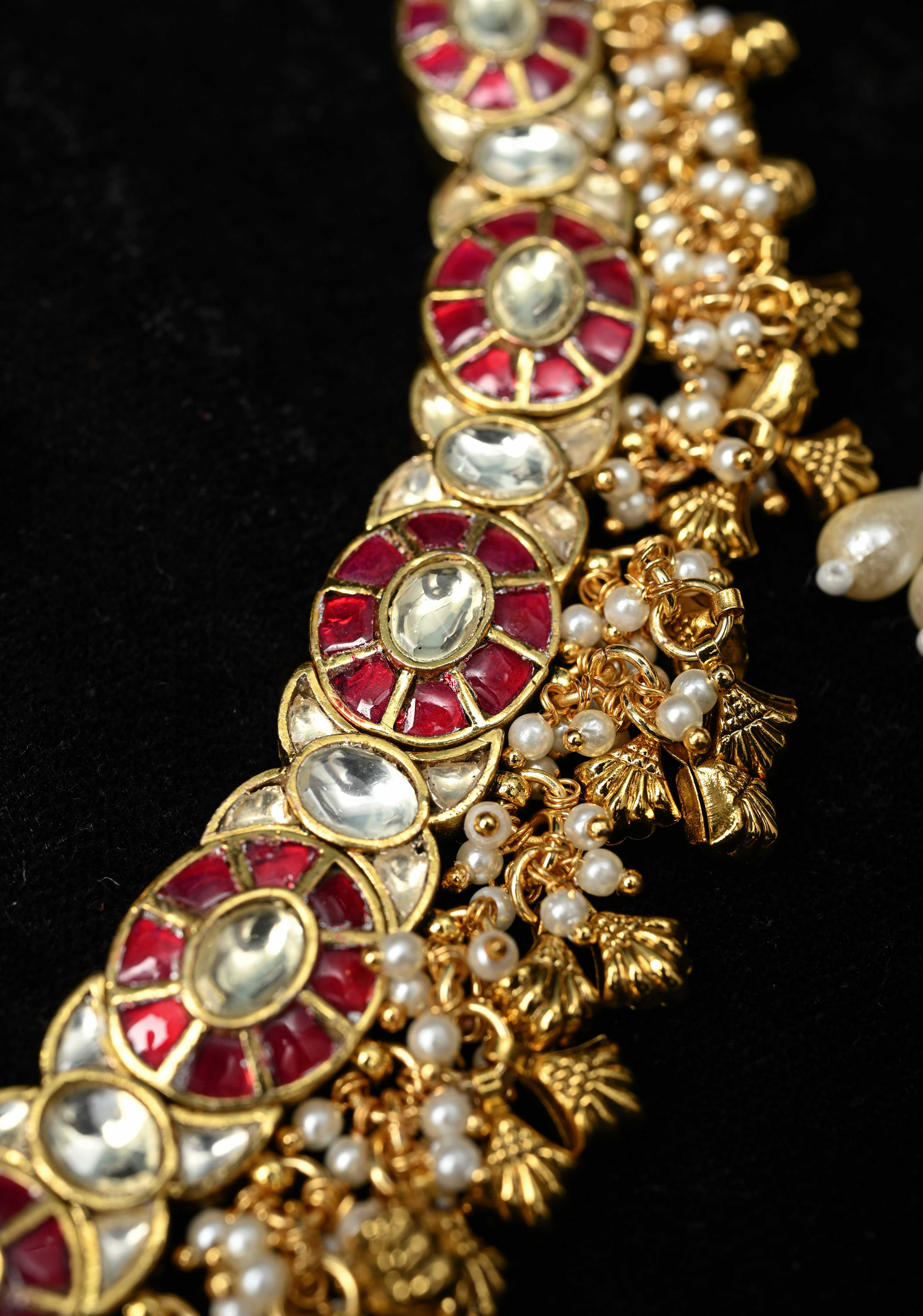 Ahmedabadi Jadau Kundan Necklace Set with Dangling beads | SHOBITAM