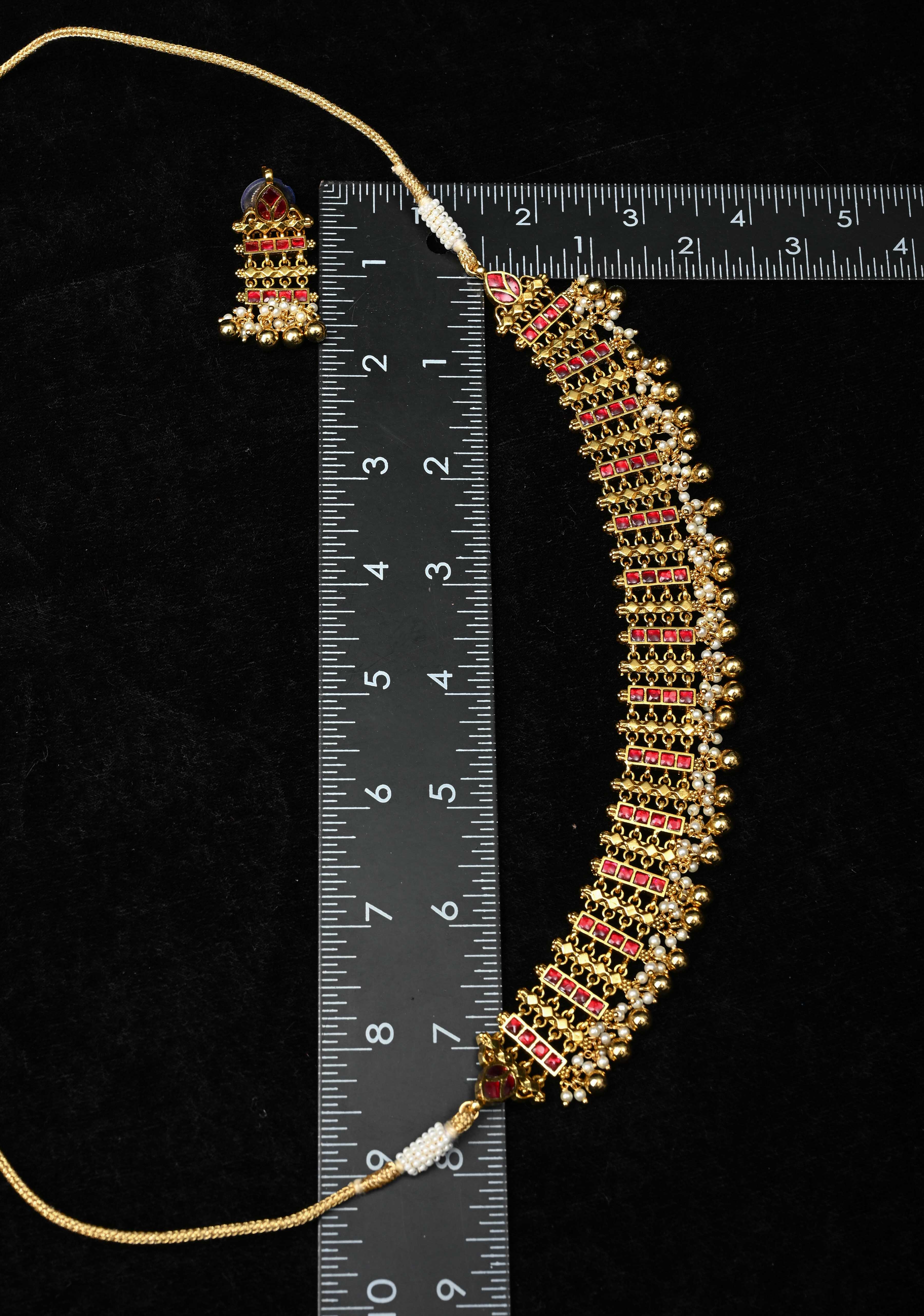 Ethnic Indian Choker Set with Red stone Embellishments and Beads Drops | SHOBITAM