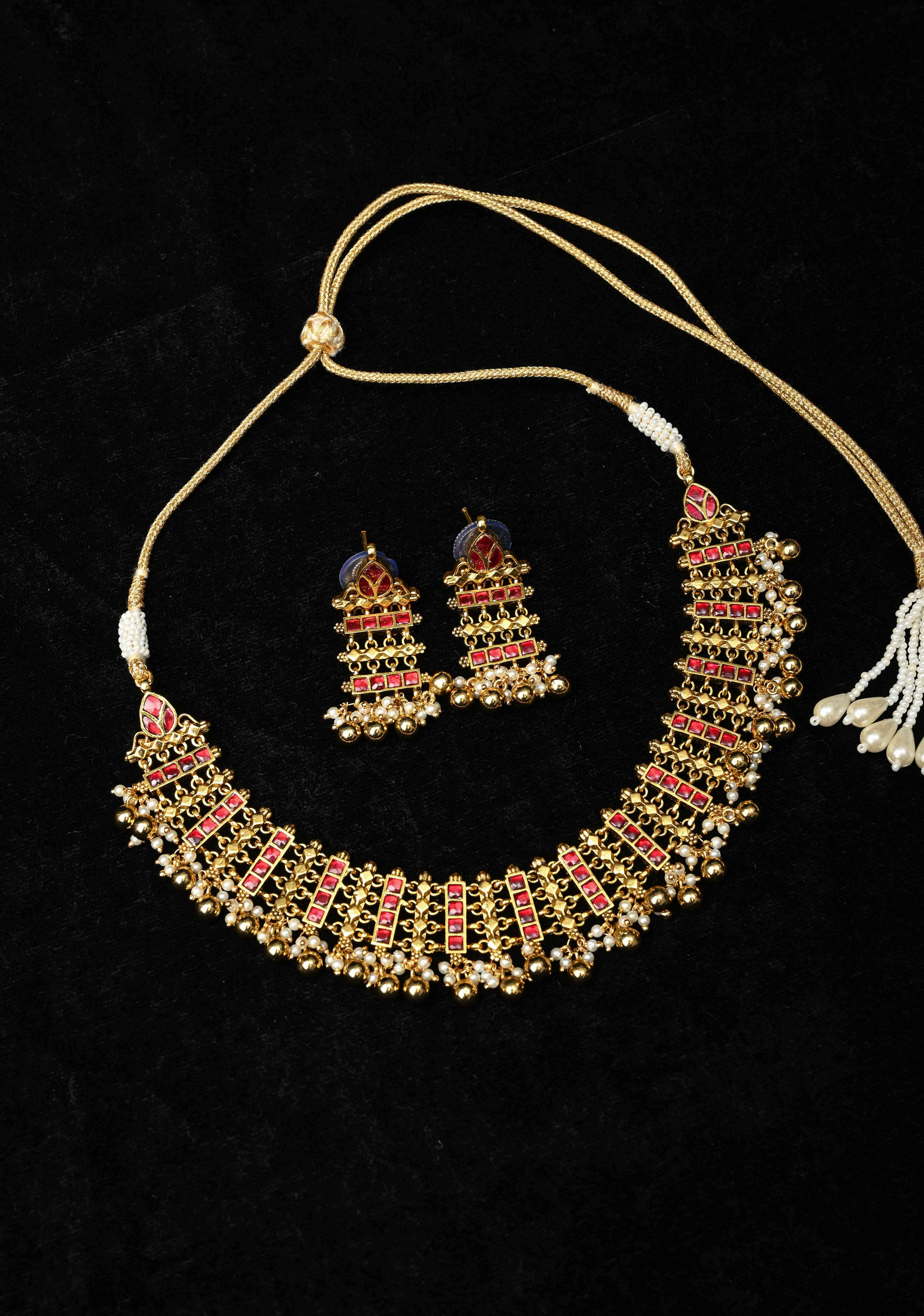 Ethnic Indian Choker Set with Red stone Embellishments and Beads Drops | SHOBITAM