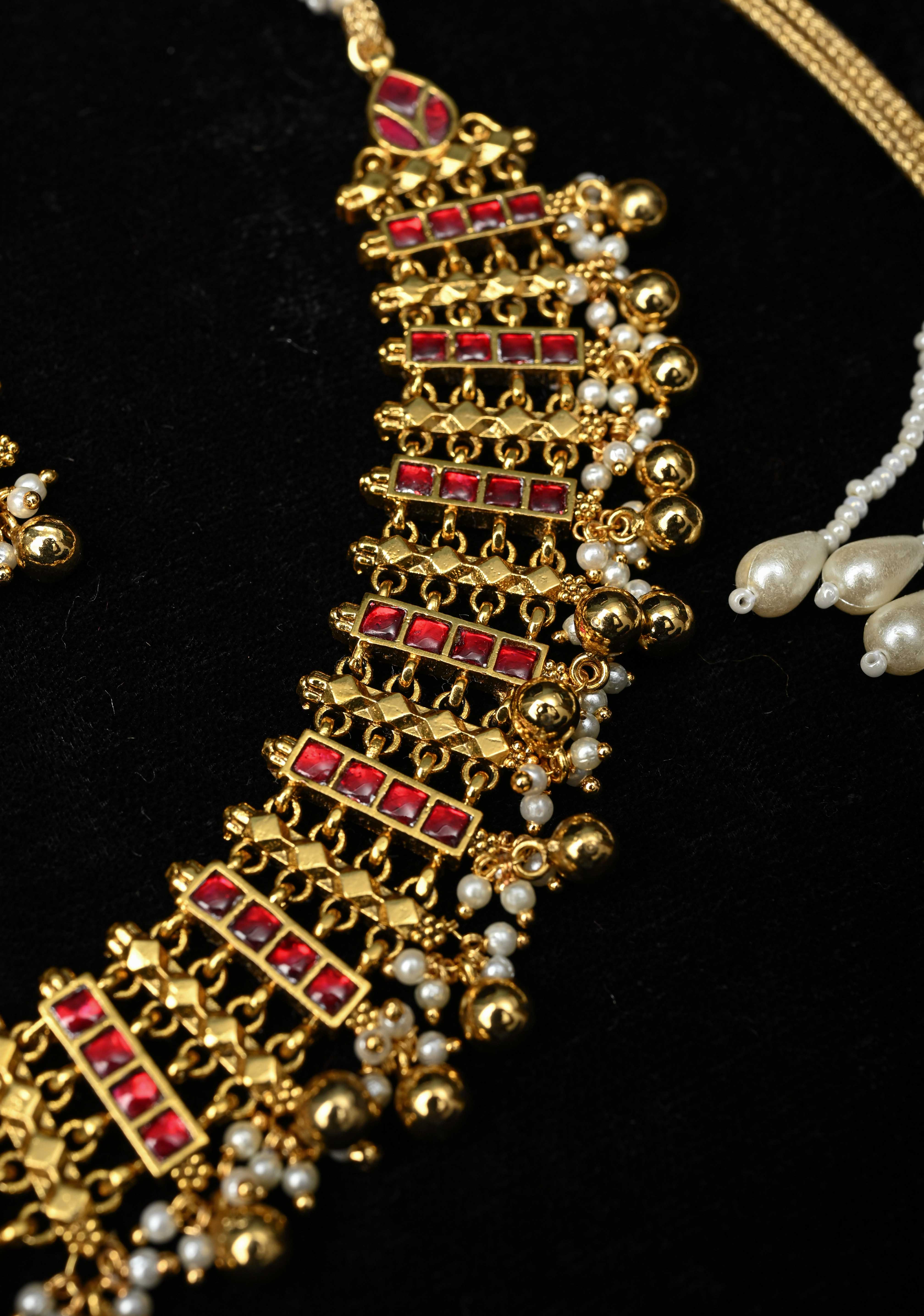 Ethnic Indian Choker Set with Red stone Embellishments and Beads Drops | SHOBITAM