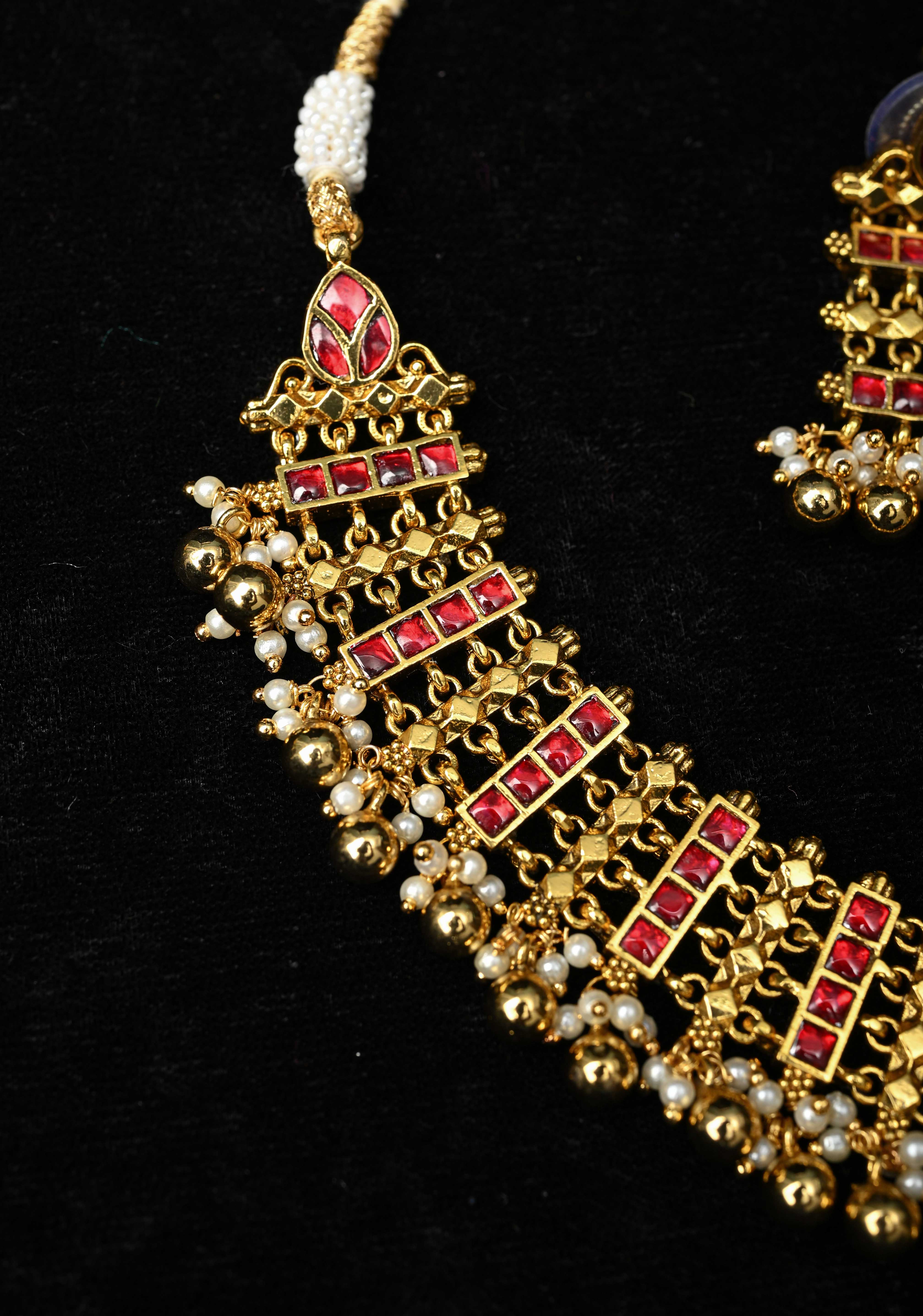 Ethnic Indian Choker Set with Red stone Embellishments and Beads Drops | SHOBITAM